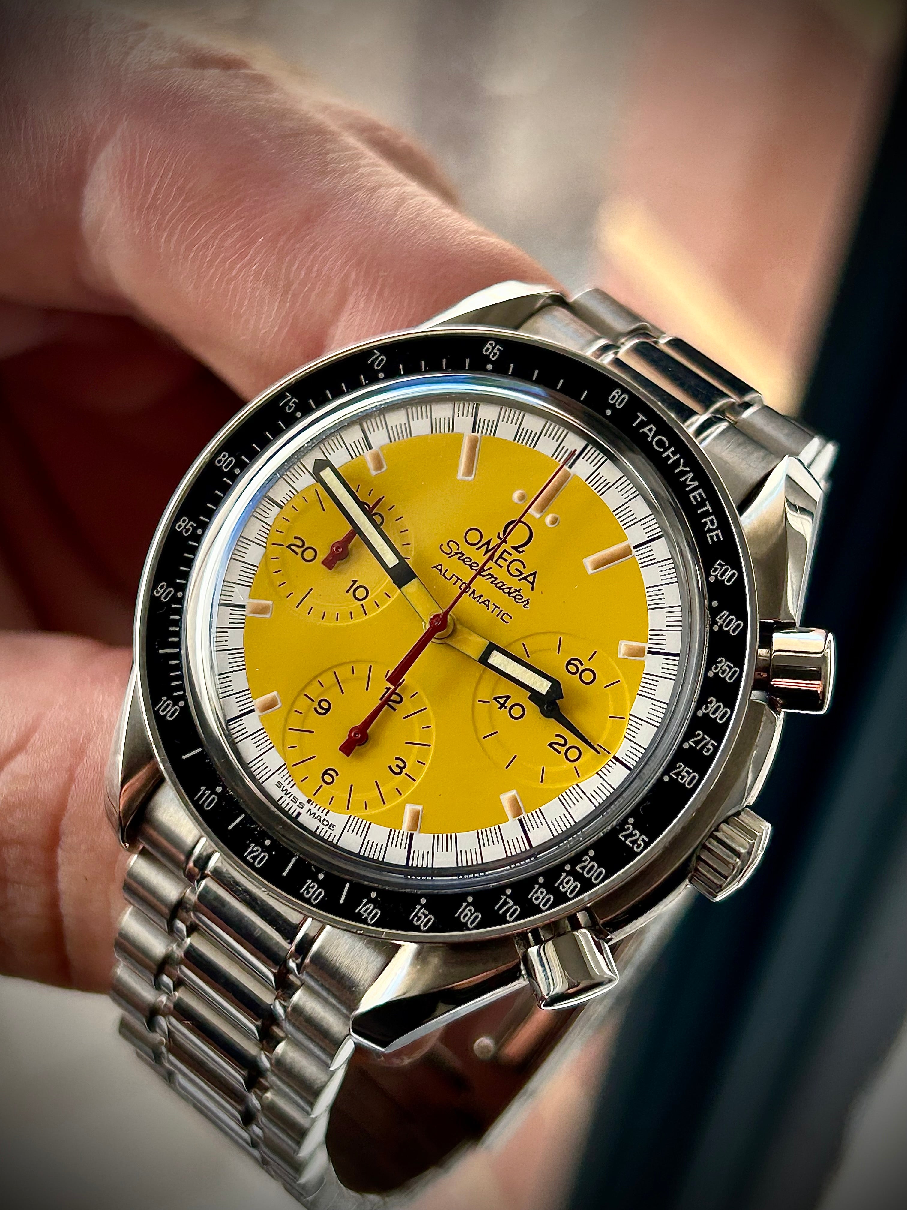 1998 OMEGA SPEEDMASTER REDUCED YELLOW SCHUMACHER, FULL SET, INC GST