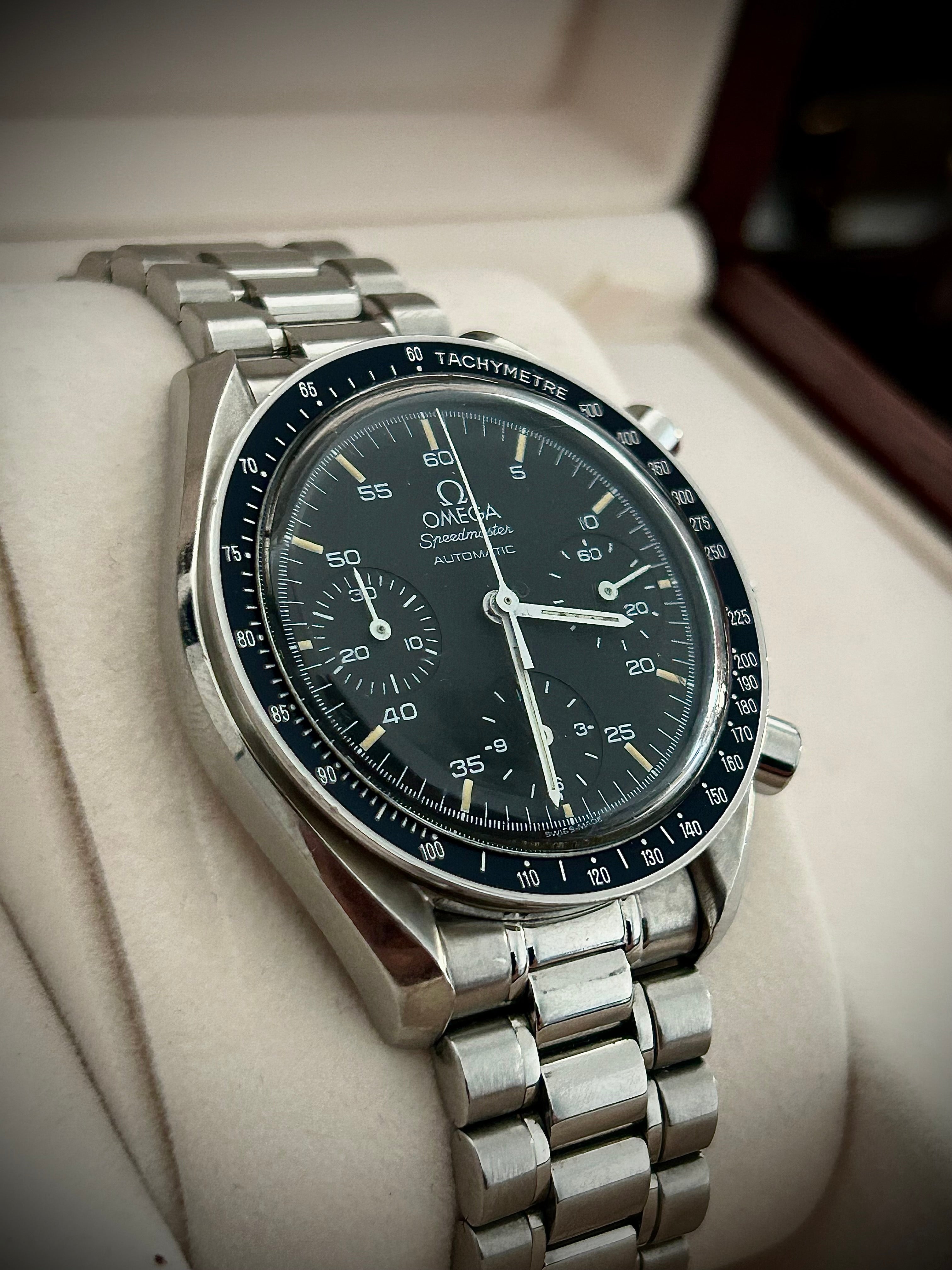 1996 OMEGA SPEEDMASTER REDUCED, WITH BOX, INC GST