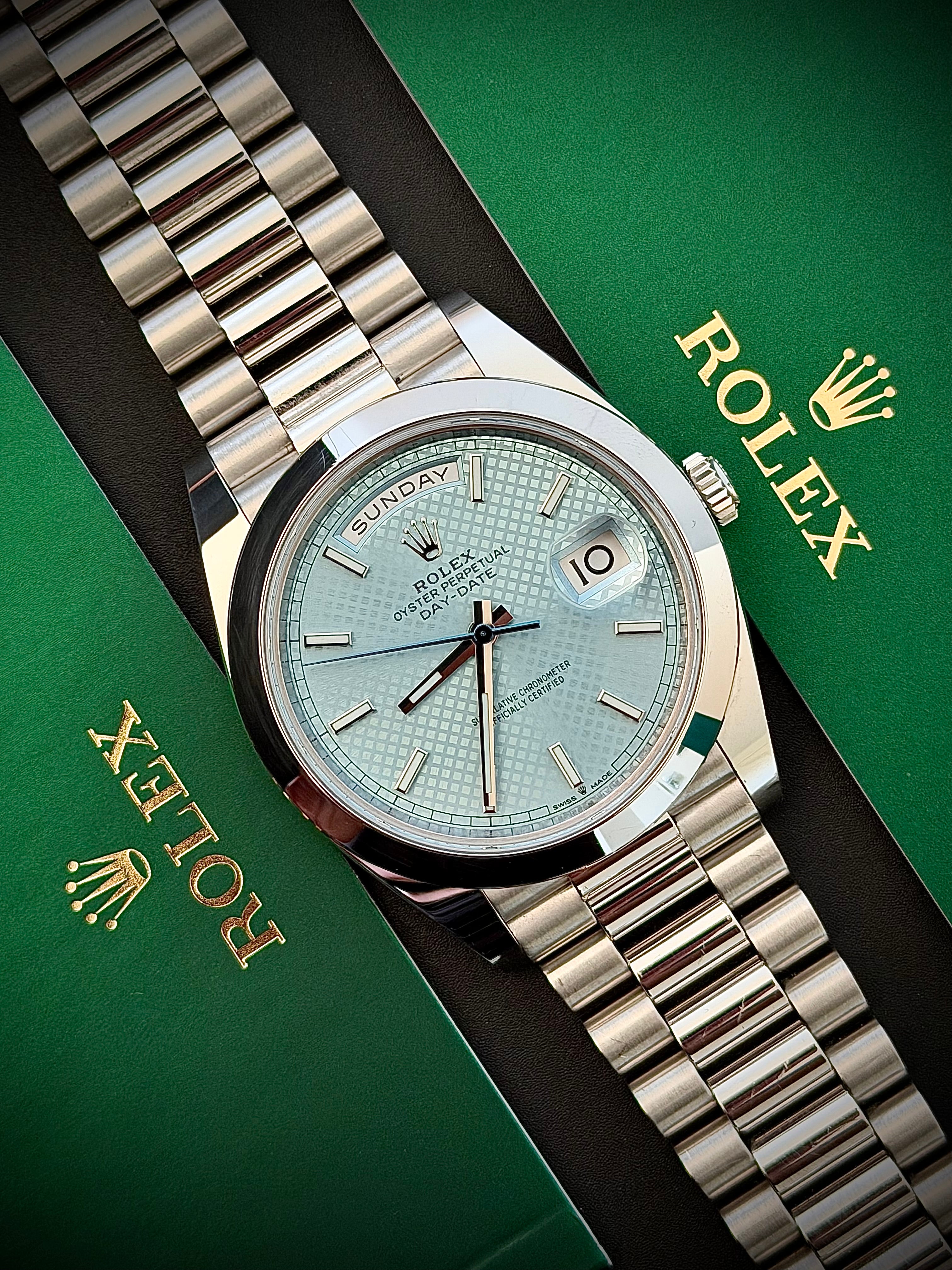 2021 ROLEX DAY DATE 40, 228206, ICE BLUE MOTIF DIAL, FULL SET, INC GST