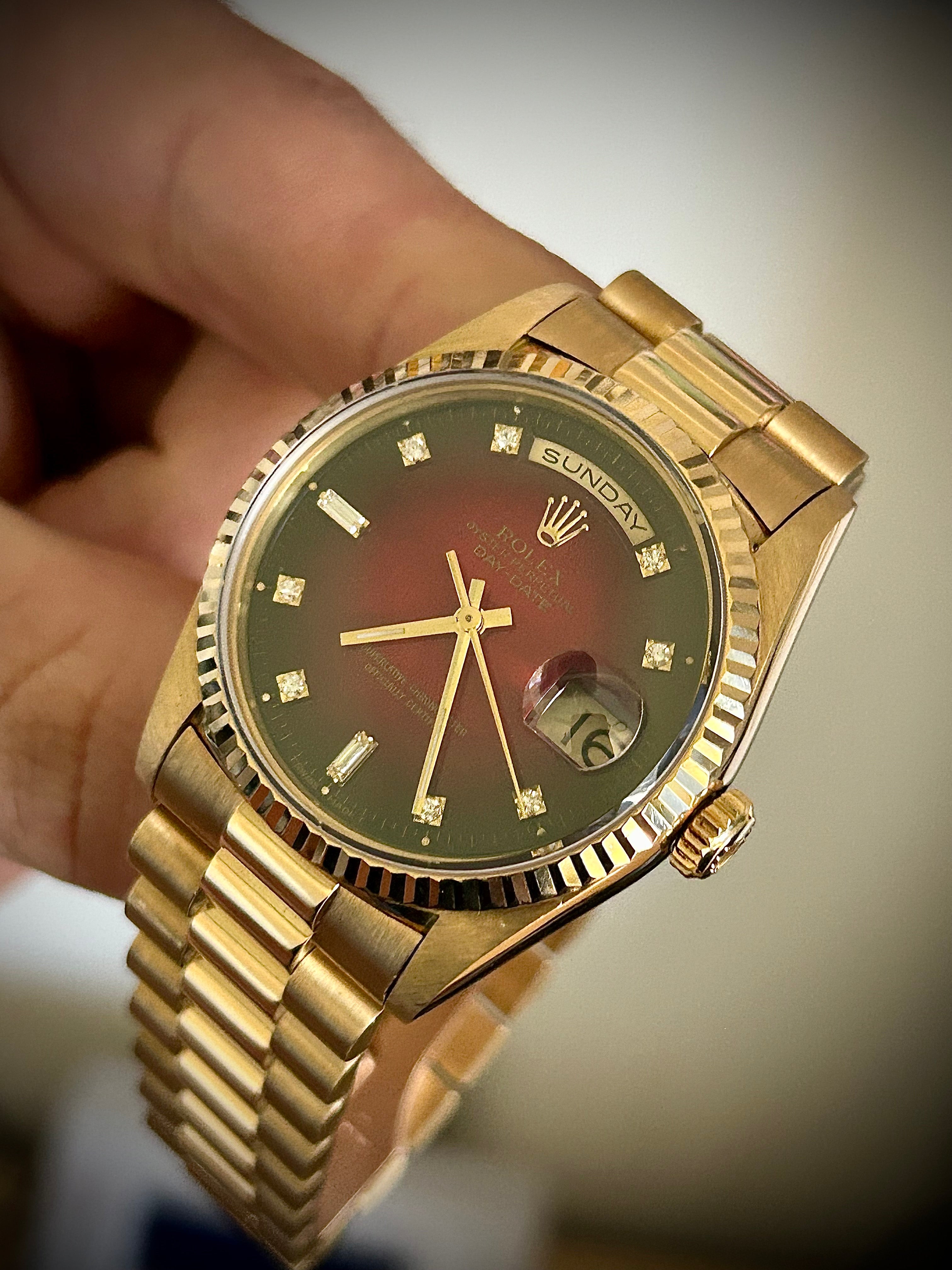 1988 ROLEX DAY-DATE, 18238, DOUBLE QUICK SET, RARE DIAMOND VIGNETTE DIAL, WATCH AND BOX, INC GST