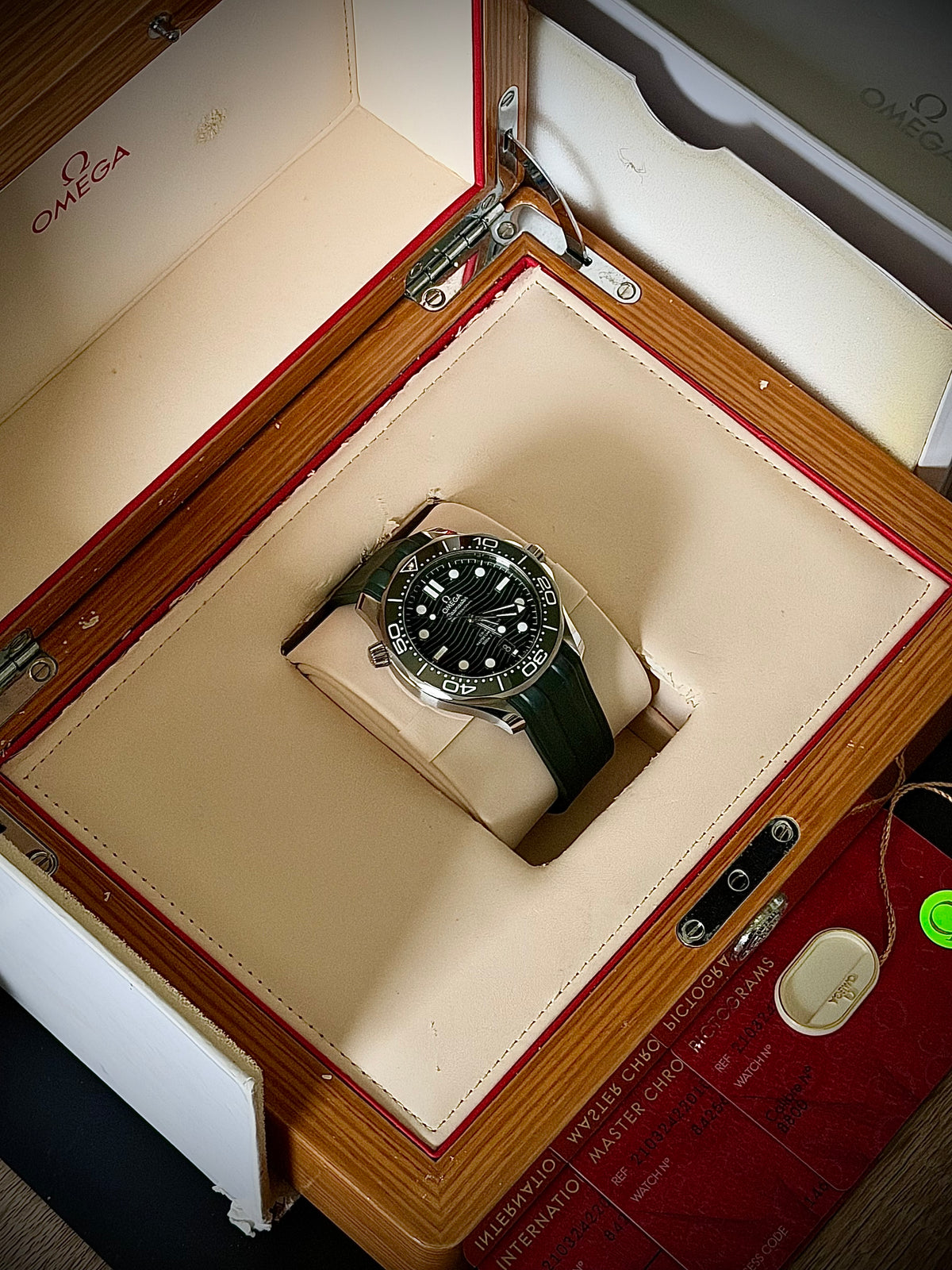 2023 OMEGA SEAMASTER DIVER 300M, 210.32.42.20.10.001, GREEN DIAL, RUBBER STRAP, BOX AND CARDS, INC GST