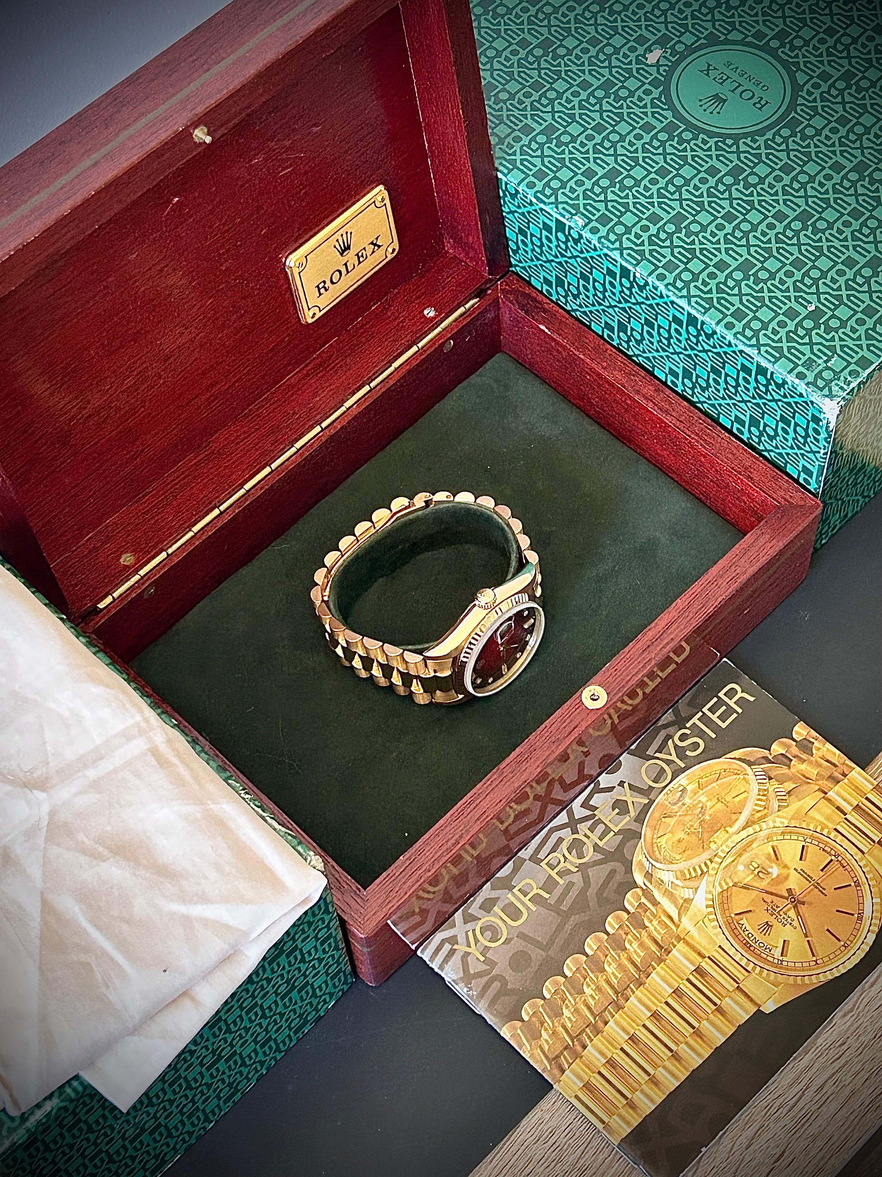 1988 ROLEX DAY-DATE, 18238, DOUBLE QUICK SET, RARE DIAMOND VIGNETTE DIAL, WATCH AND BOX, INC GST