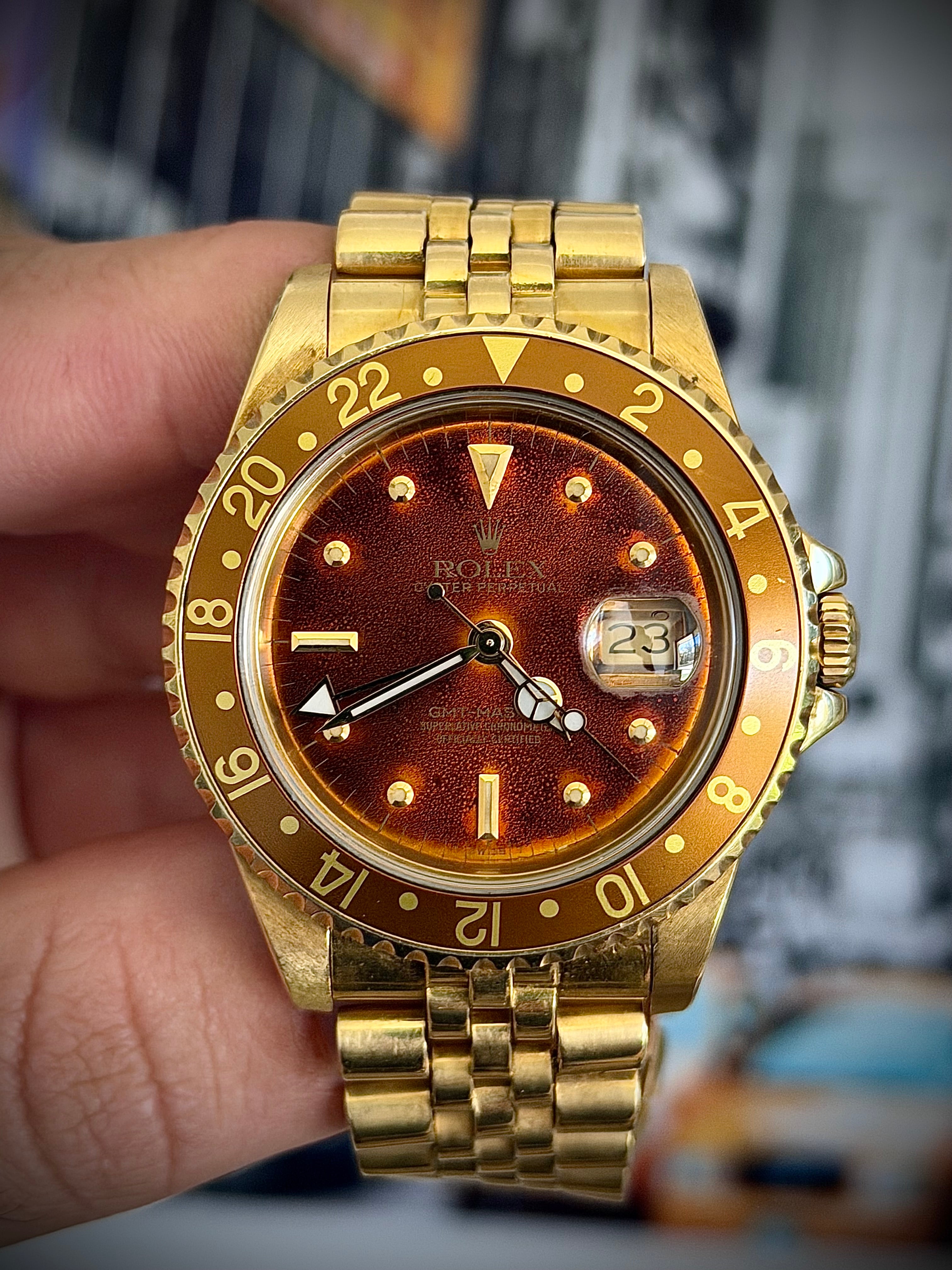1987 ROLEX GMT-MASTER, 16758, TROPICAL BROWN “LAVA” NIPPLE DIAL, ONE-OWNER FULL SET, INC GST