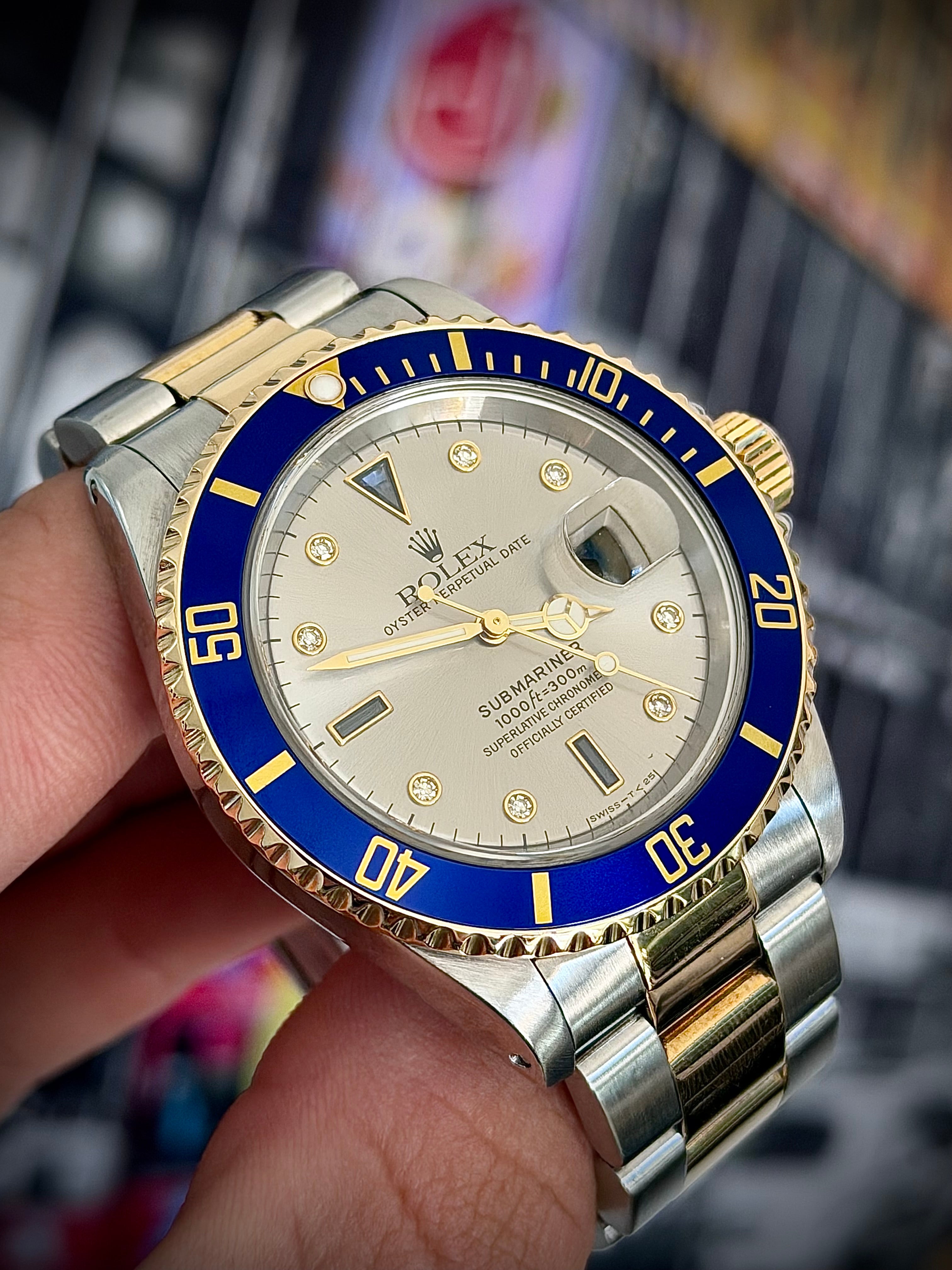 1996 ROLEX SUBMARINER, 16613, SERTI SILVER DIAMOND DIAL, BOX & 2020 RSC, INC GST