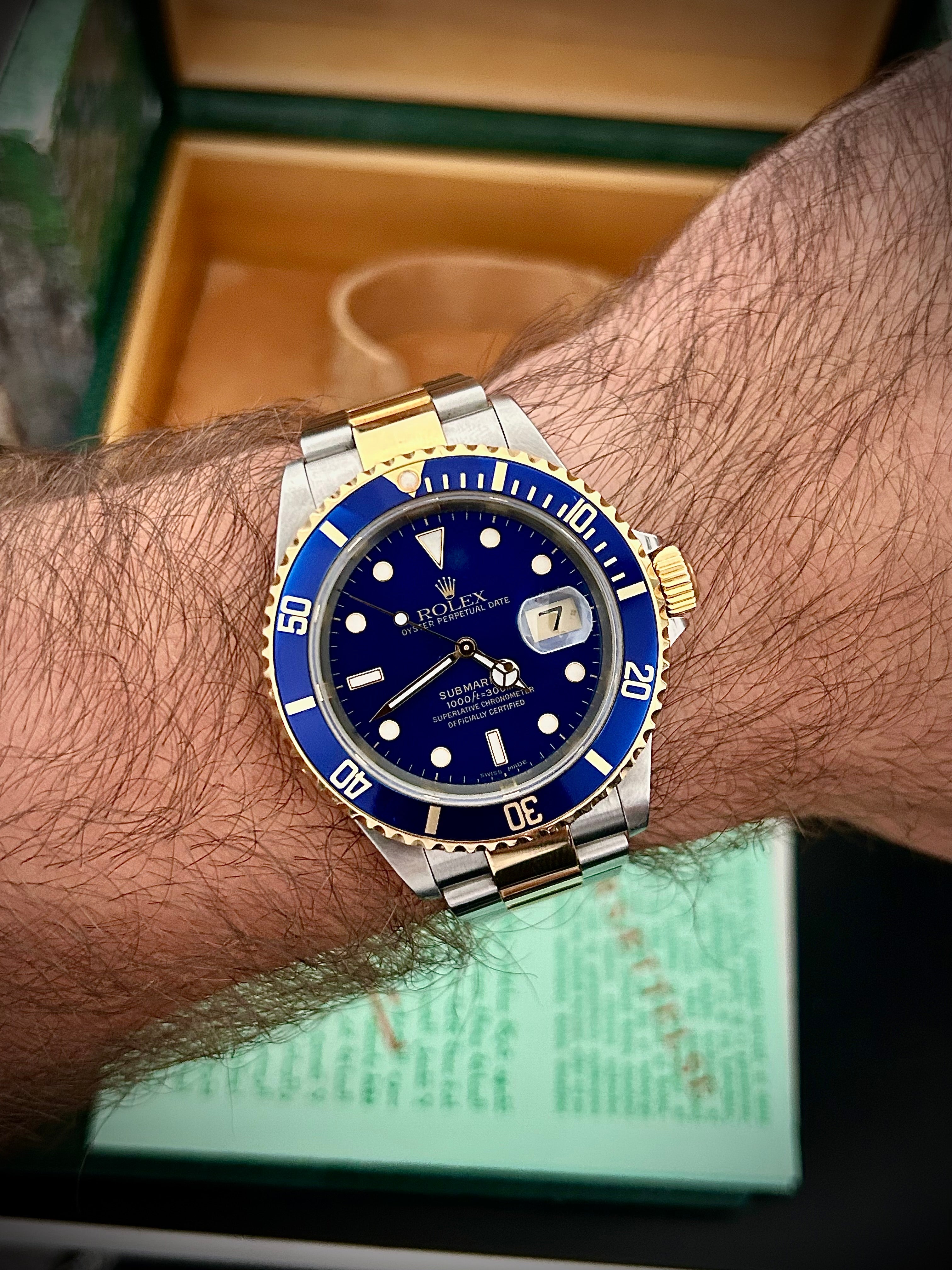 2002 ROLEX SUBMARINER DATE “BLUESY”, 16613, FULL SET, INC GST