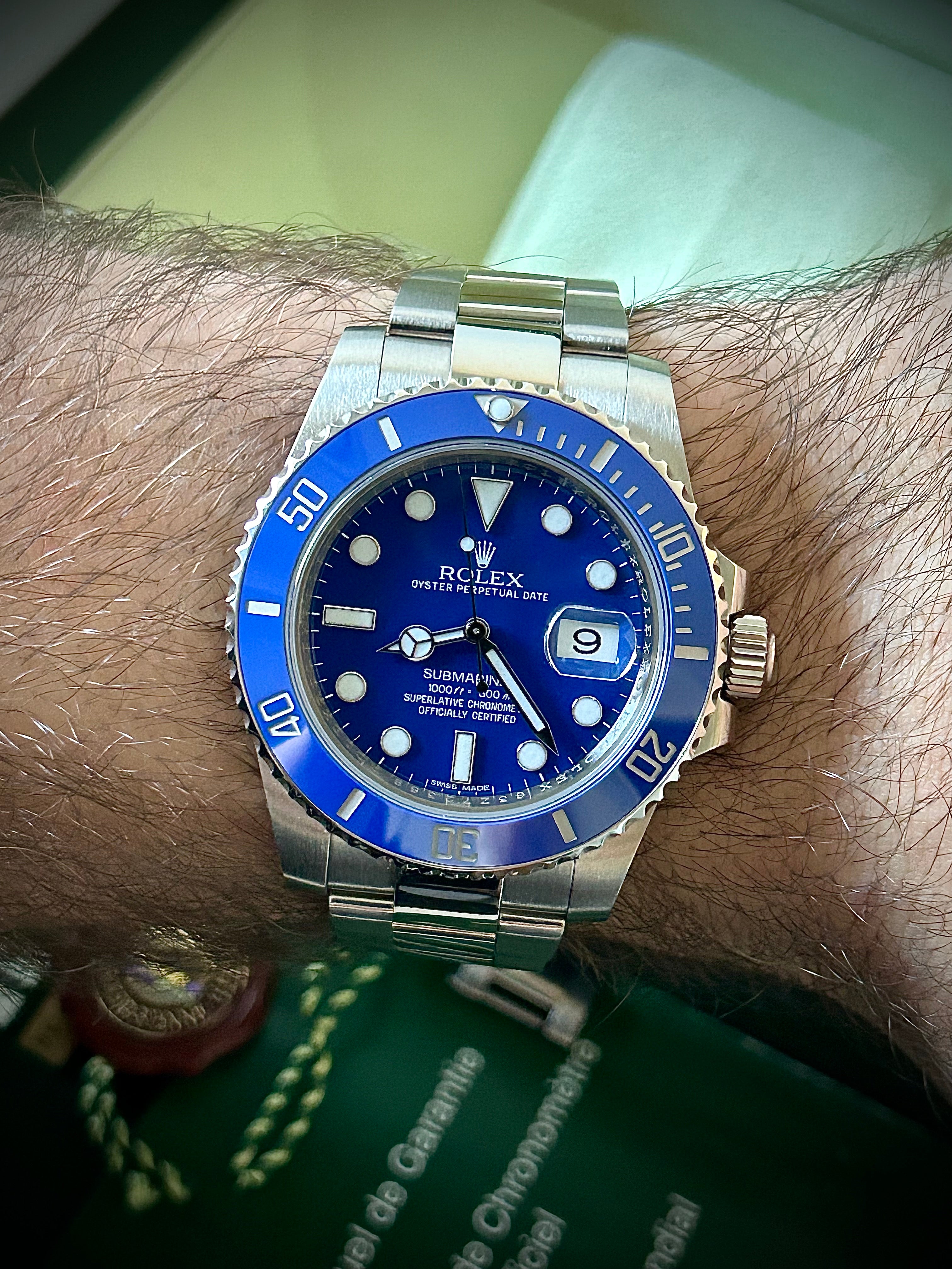 2013 ROLEX SUBMARINER DATE, 116619LB, SMURF, FULL SET, INC GST