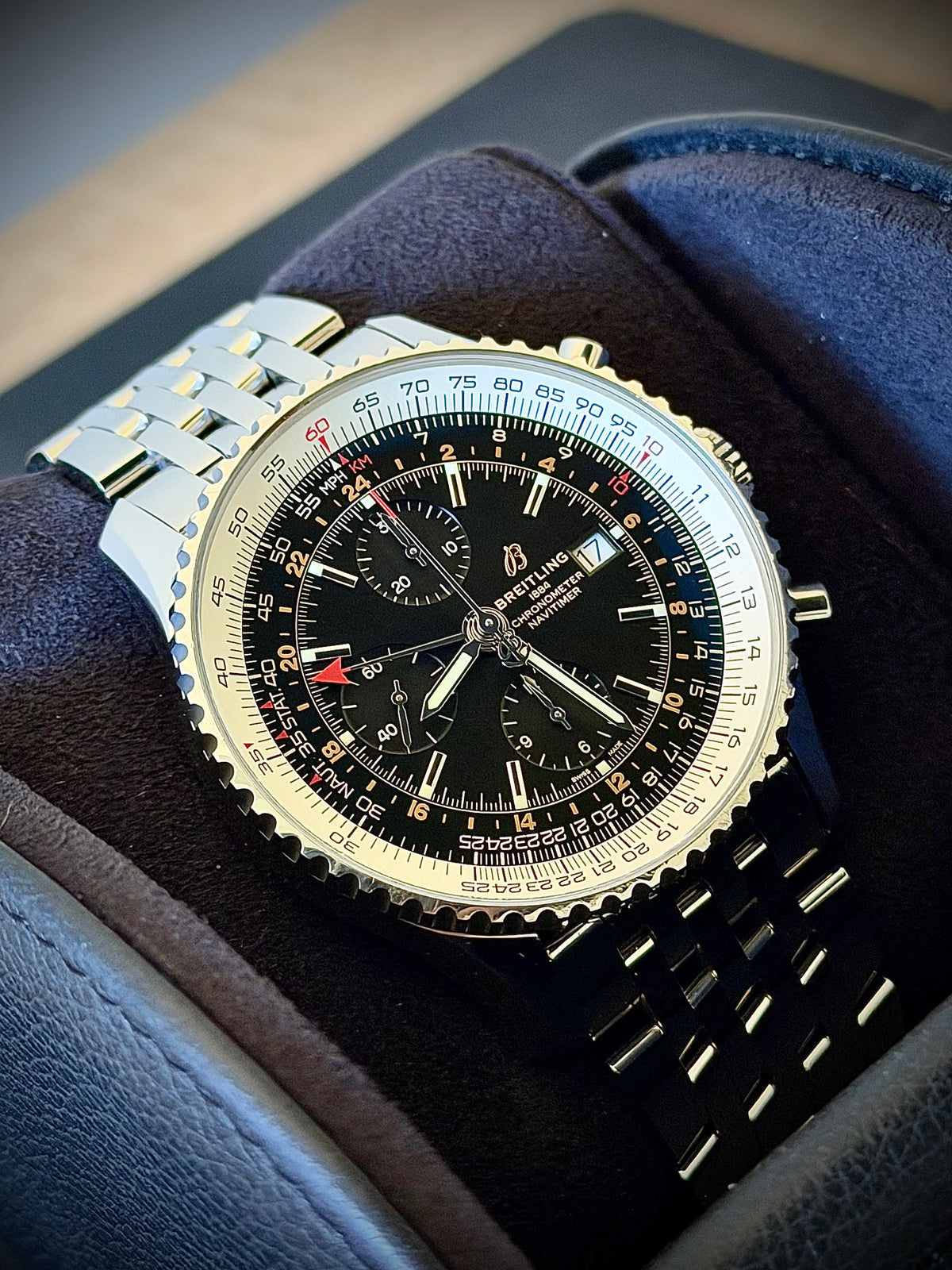 2020 BREITLING NAVITIMER WORLD, A24322, BLACK DIAL, STEEL BRACELET, BOX & PAPERS, INC GST