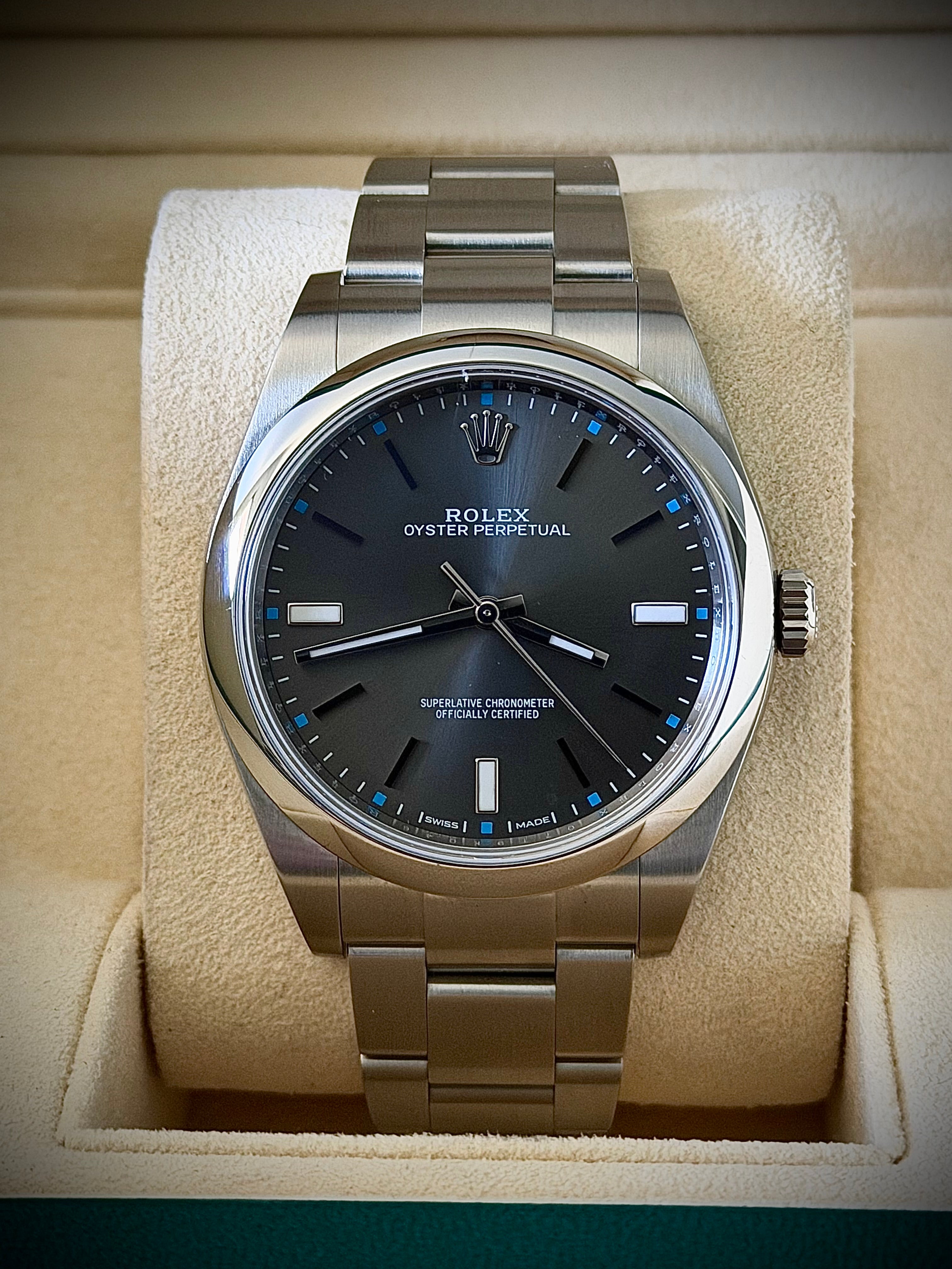2018 ROLEX OYSTER PERPETUAL 39, 114300, RHODIUM DIAL, FULL SET, INC GST