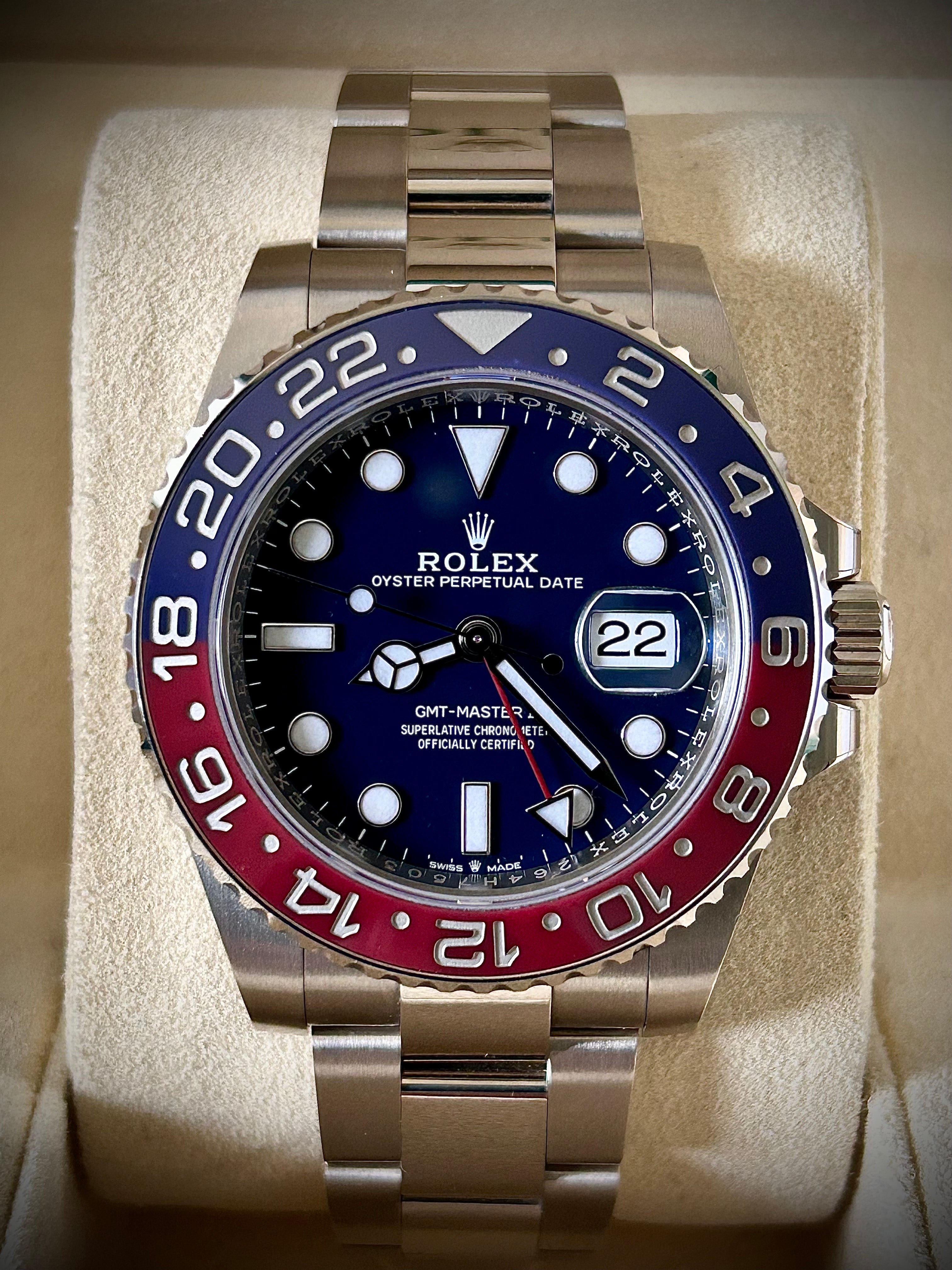 2019 ROLEX GMT MASTER II, PEPSI, WHITE GOLD, BLUE DIAL, 126719BLRO, FULL SET, INC GST