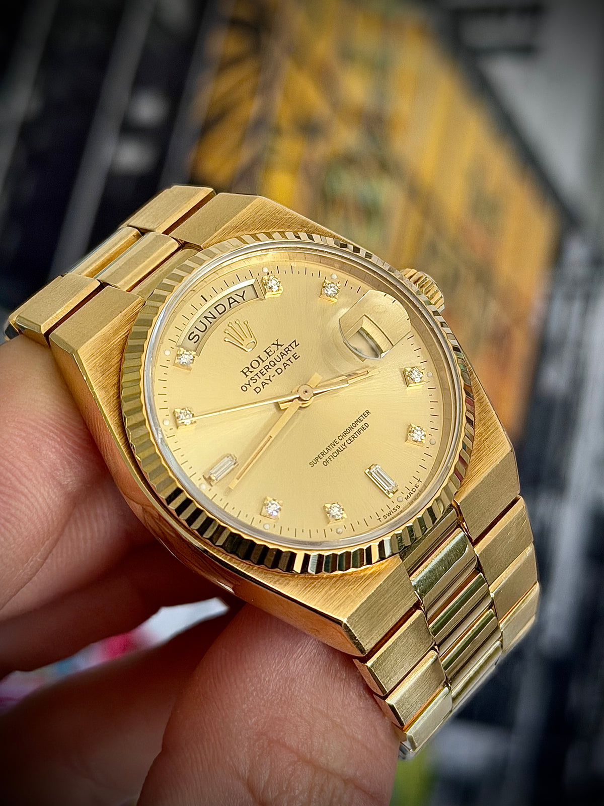 1978 ROLEX OYSTERQUARTZ DAY-DATE 36, 19018, CHAMPAGNE DIAMOND DIAL, 18CT YELLOW GOLD, WATCH ONLY, INC GST