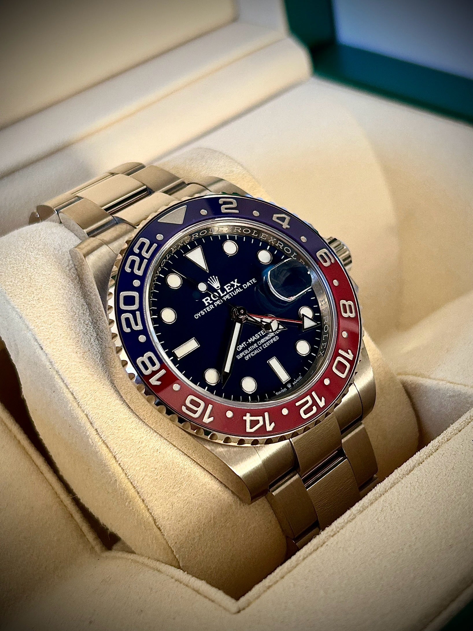2019 ROLEX GMT MASTER II, PEPSI, WHITE GOLD, BLUE DIAL, 126719BLRO, FULL SET, INC GST