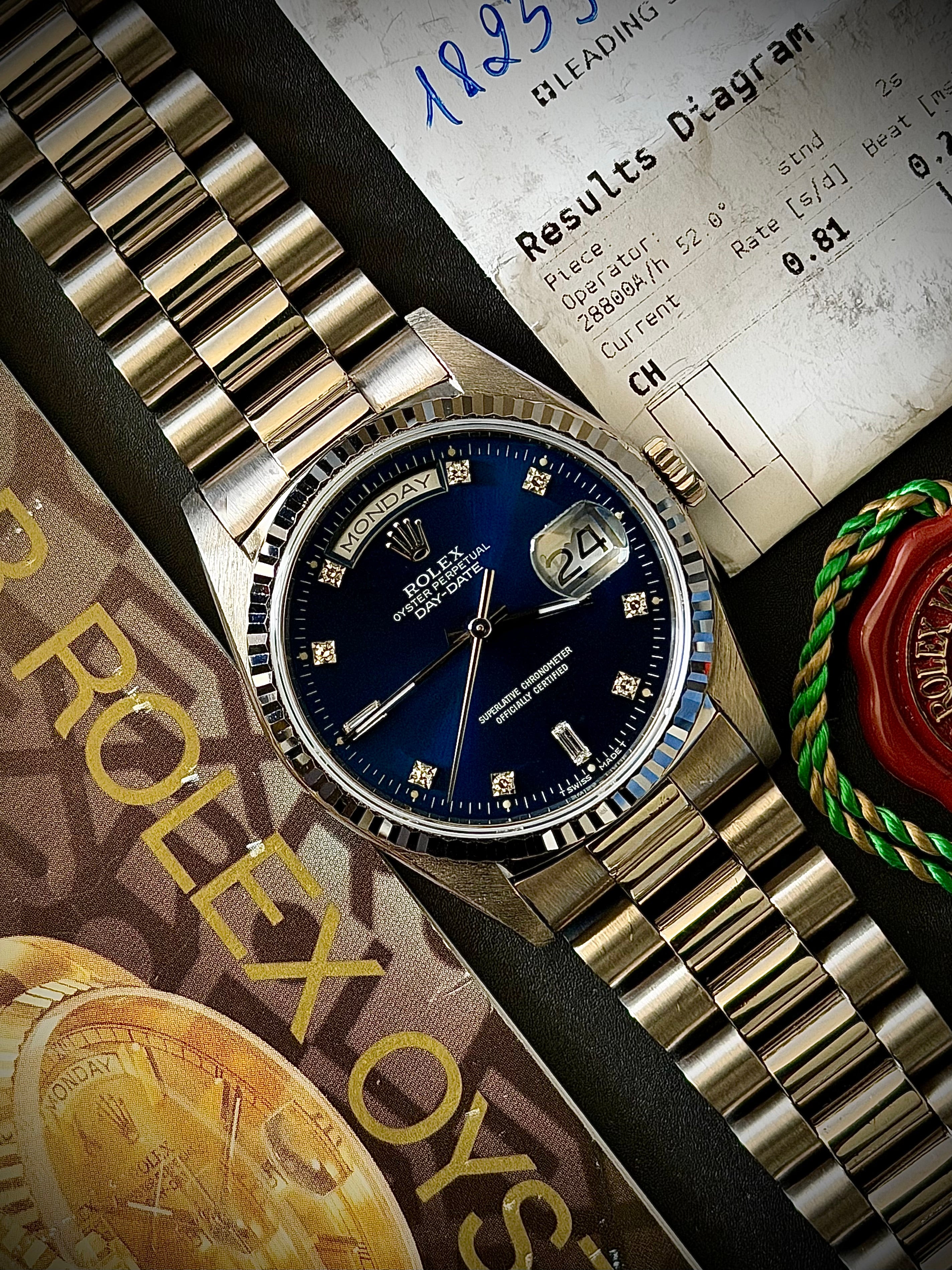 1989 ROLEX DAY-DATE 36, 18239, BLUE DIAMOND DIAL, BOX & BOOKLETS, INC GST