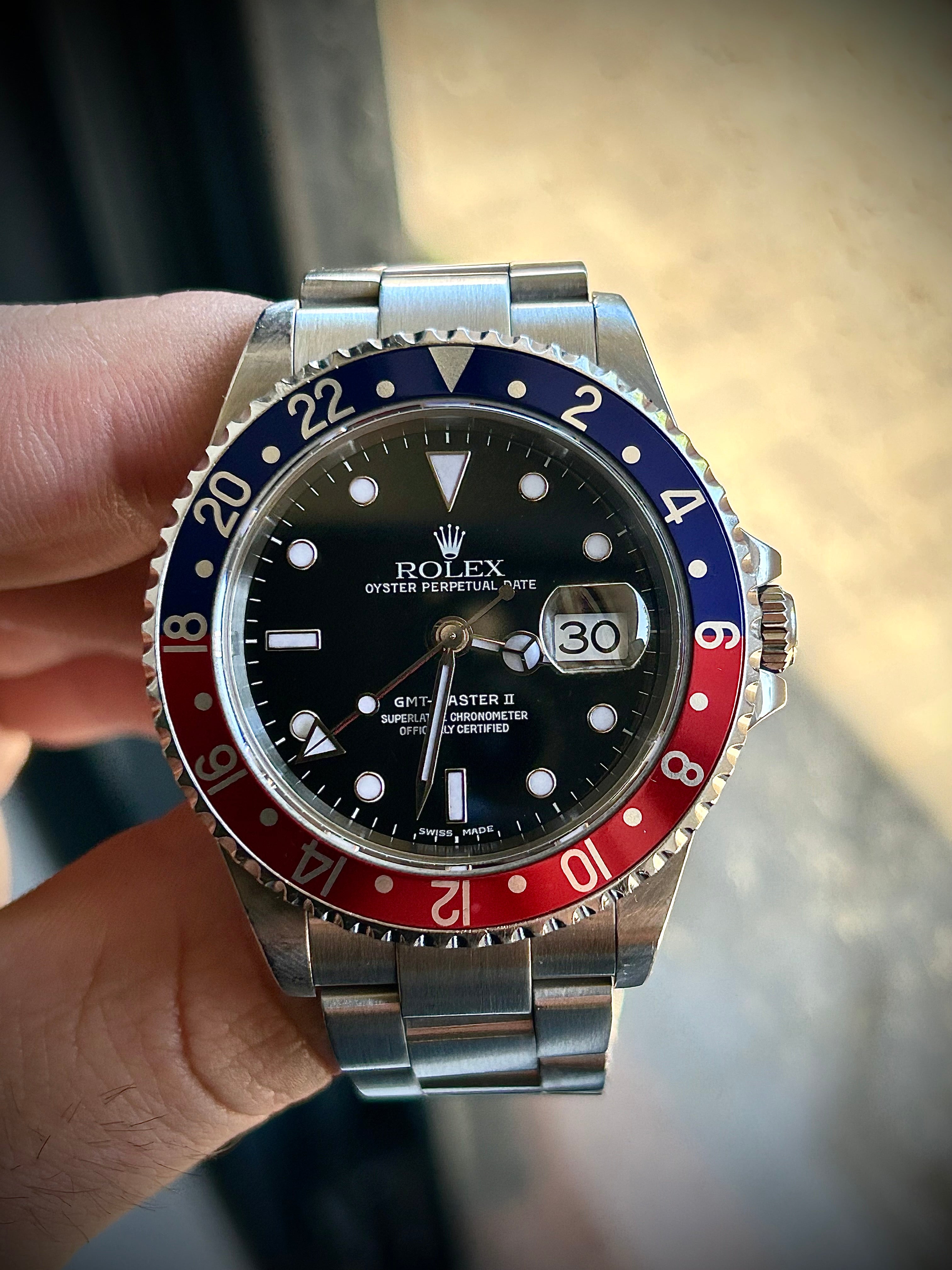 2002 ROLEX GMT MASTER II, PEPSI, 16710, BOX AND BOOKLETS, INC GST
