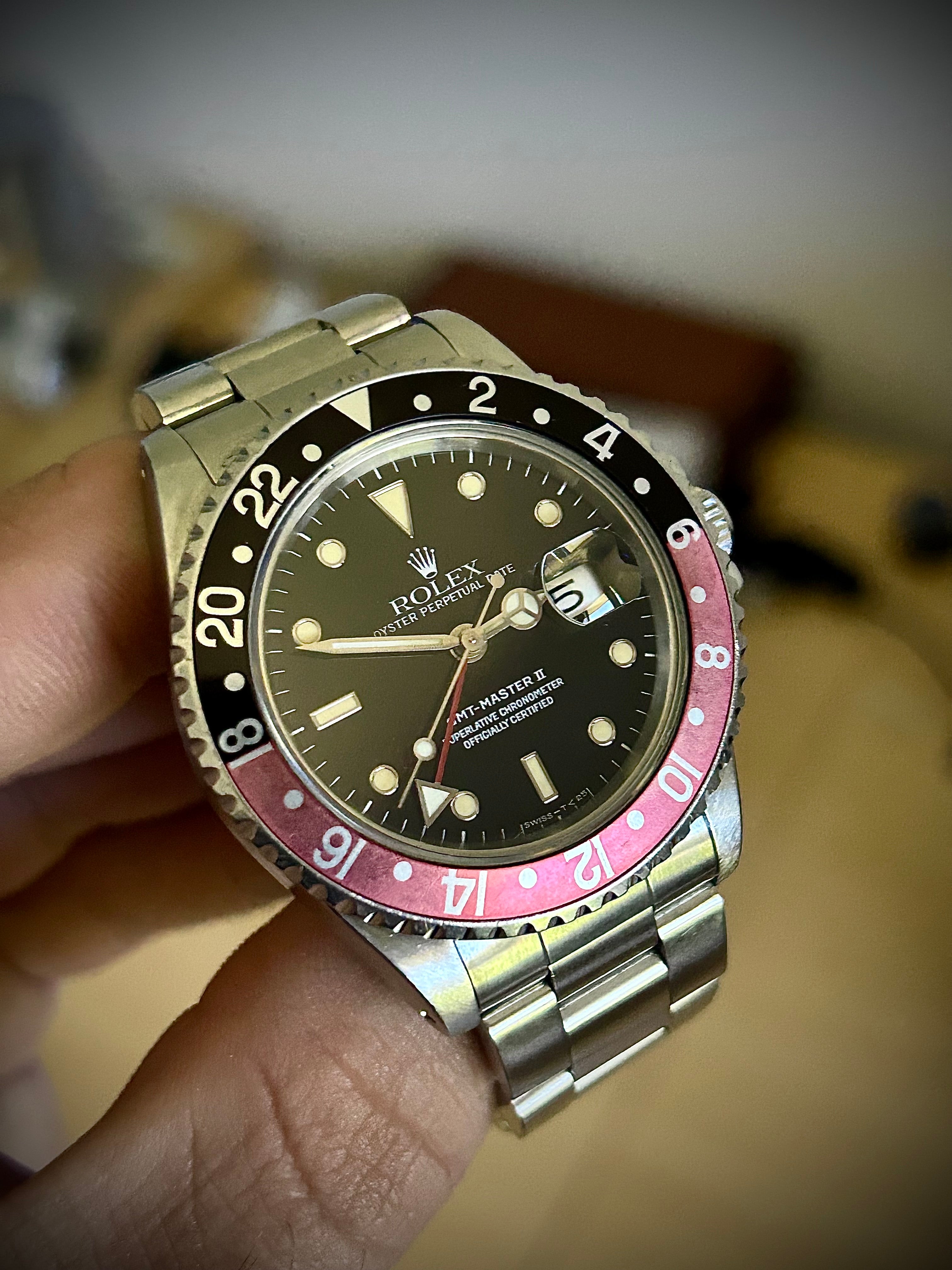 1991 ROLEX GMT MASTER II, FADED COKE BEZEL, PATINA, 16710, BOX AND BOOKLETS, INC GST