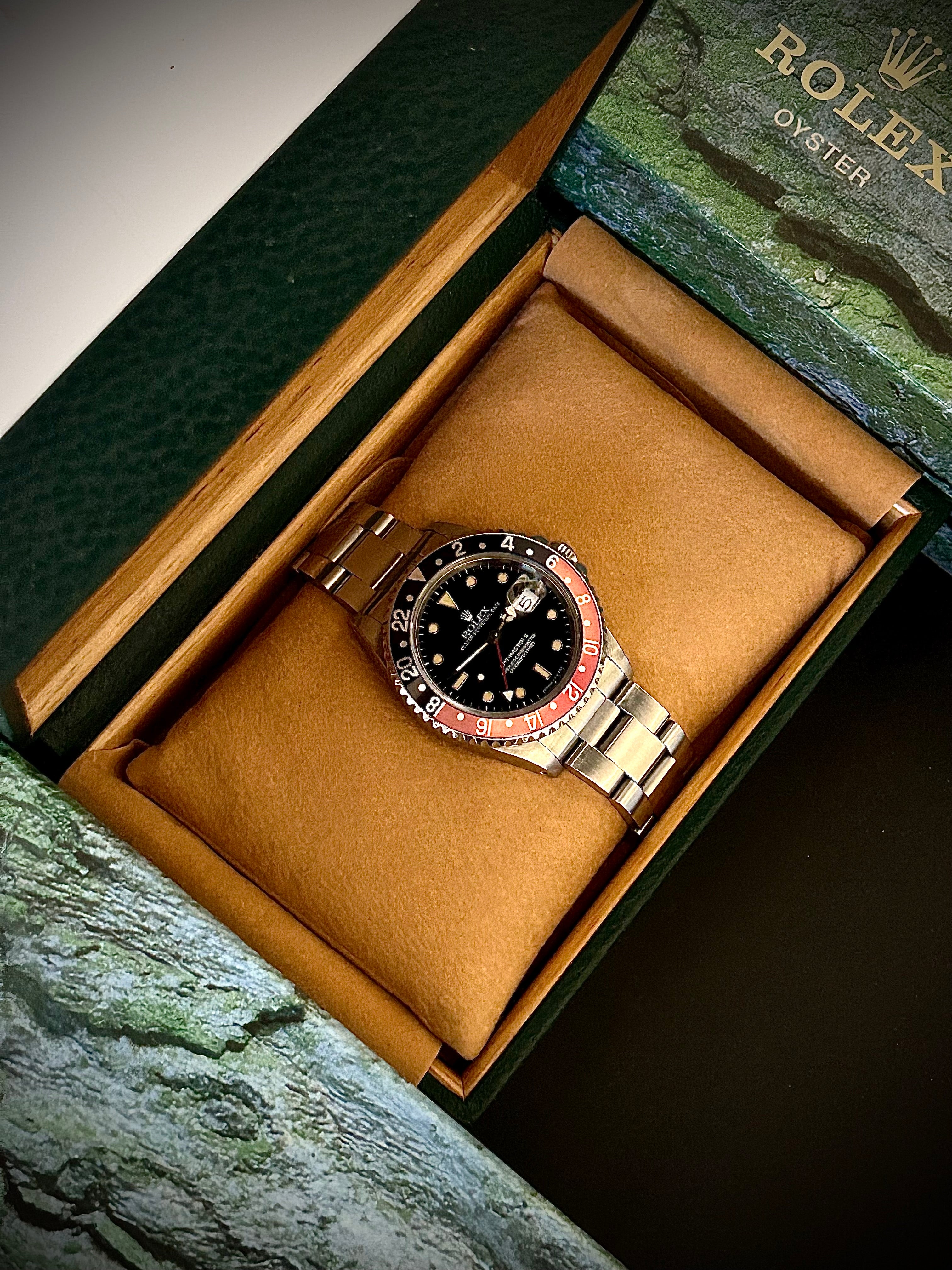 1991 ROLEX GMT MASTER II, FADED COKE BEZEL, PATINA, 16710, BOX AND BOOKLETS, INC GST