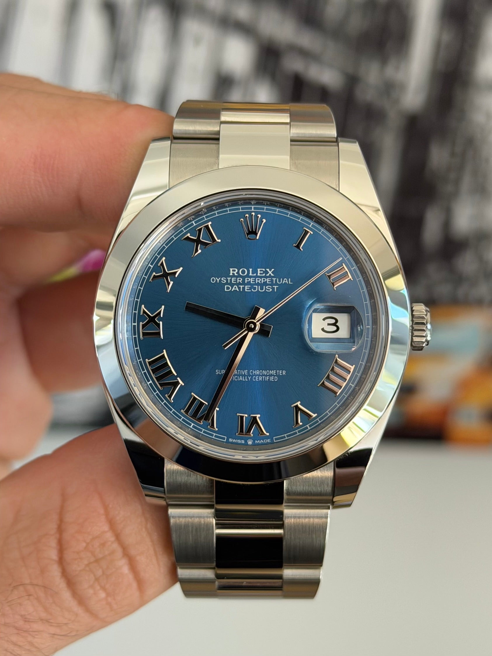 2023 ROLEX DATEJUST 41, AZZURO BLUE, 126300, AS NEW, FULL SET, INC GST