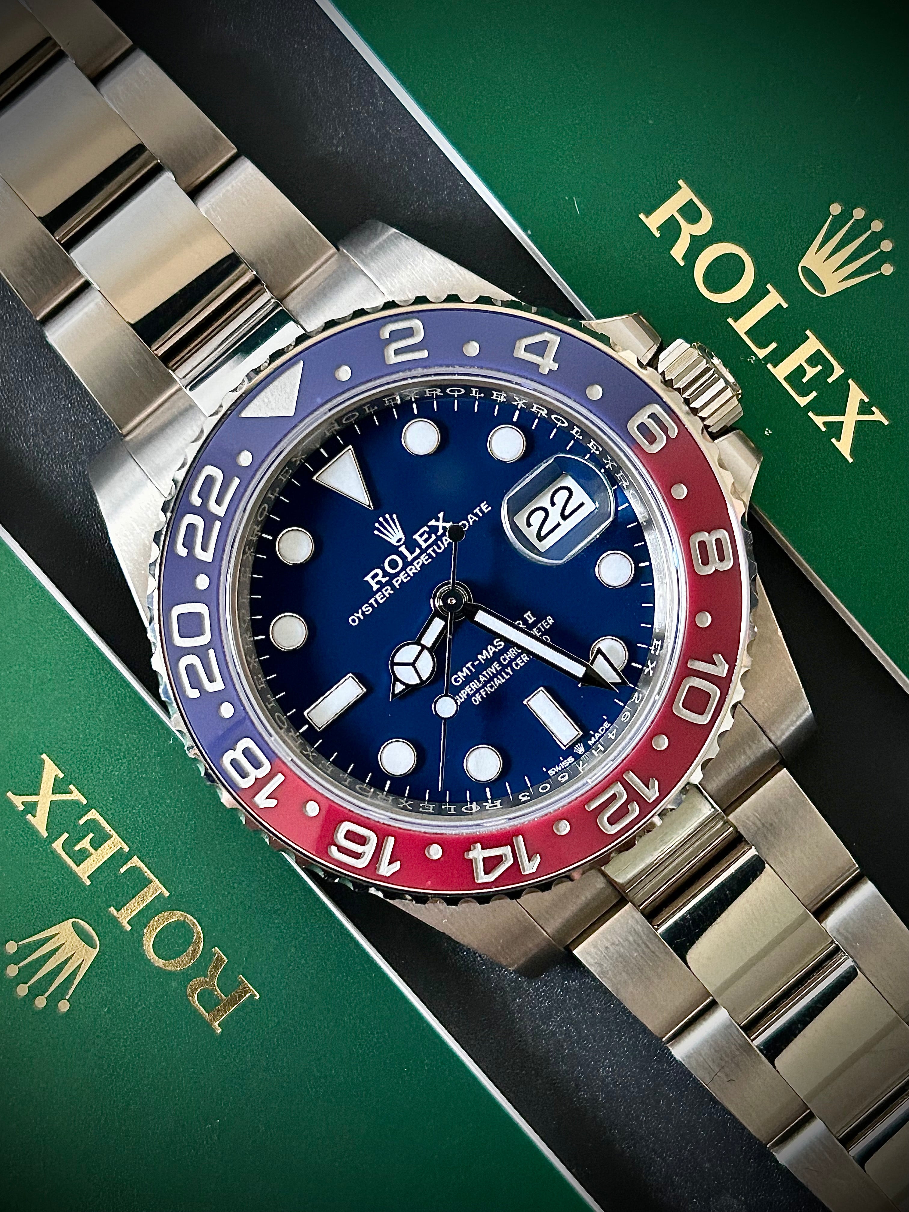 2019 ROLEX GMT MASTER II, PEPSI, WHITE GOLD, BLUE DIAL, 126719BLRO, FULL SET, INC GST