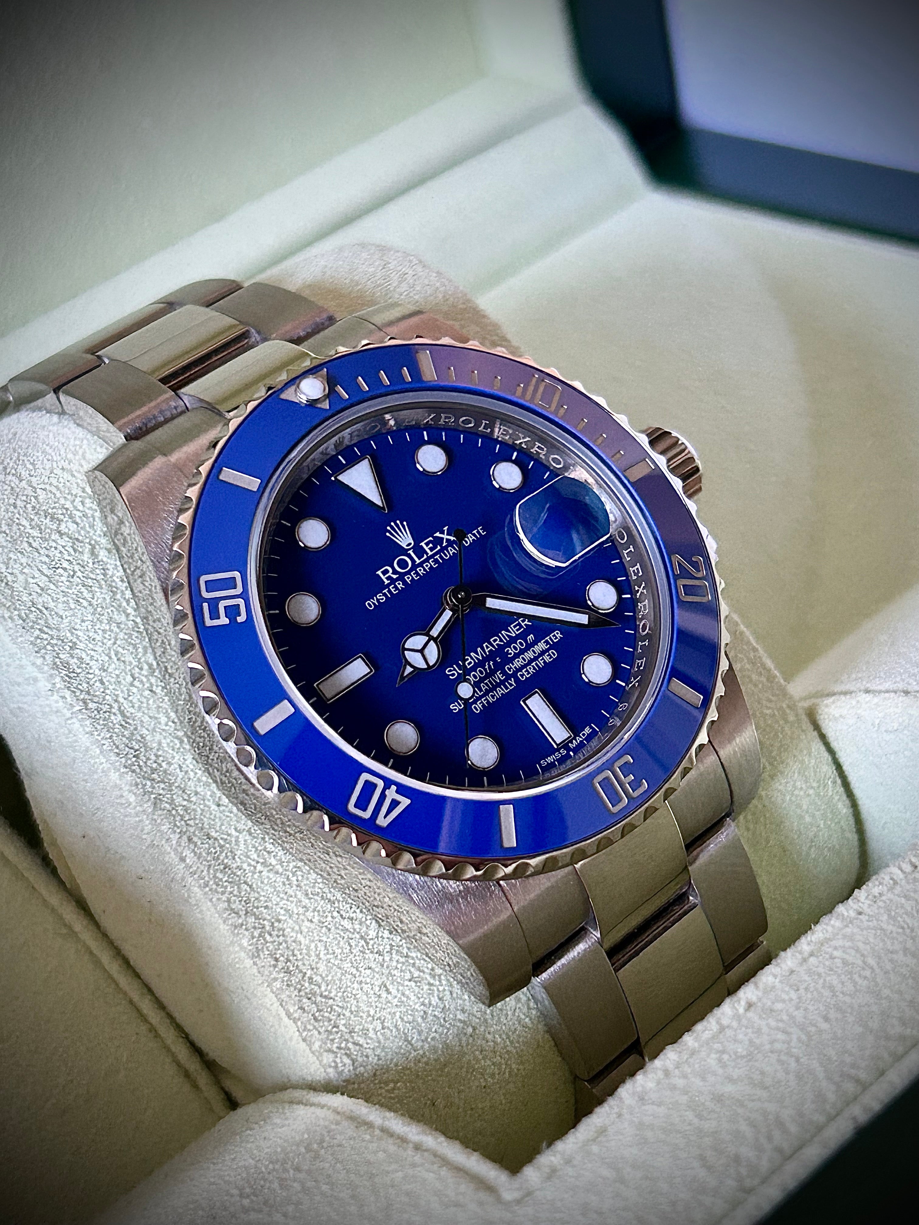 2013 ROLEX SUBMARINER DATE, 116619LB, SMURF, FULL SET, INC GST