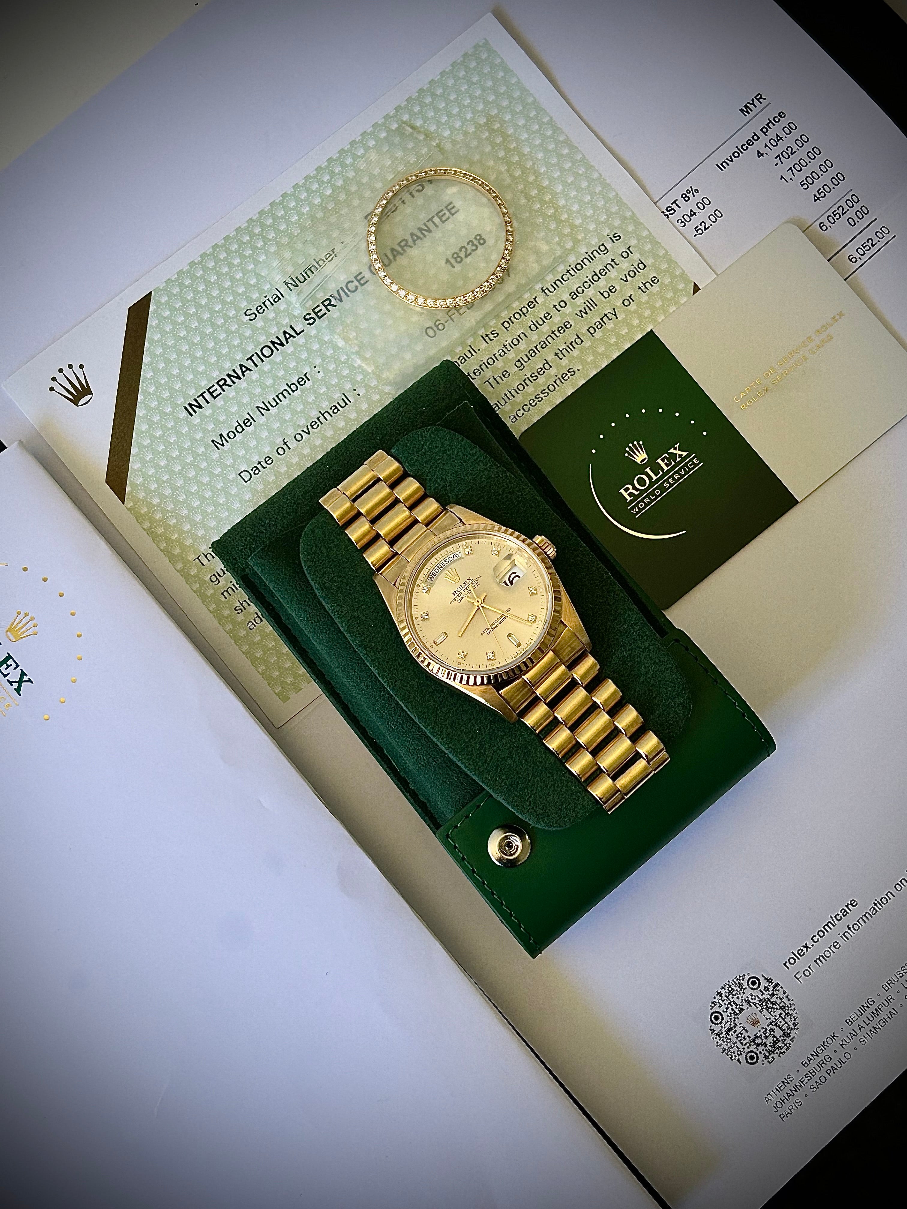 1990 ROLEX DAY-DATE, 18238, 2X RSC AND DIAMOND BEZEL, INC GST