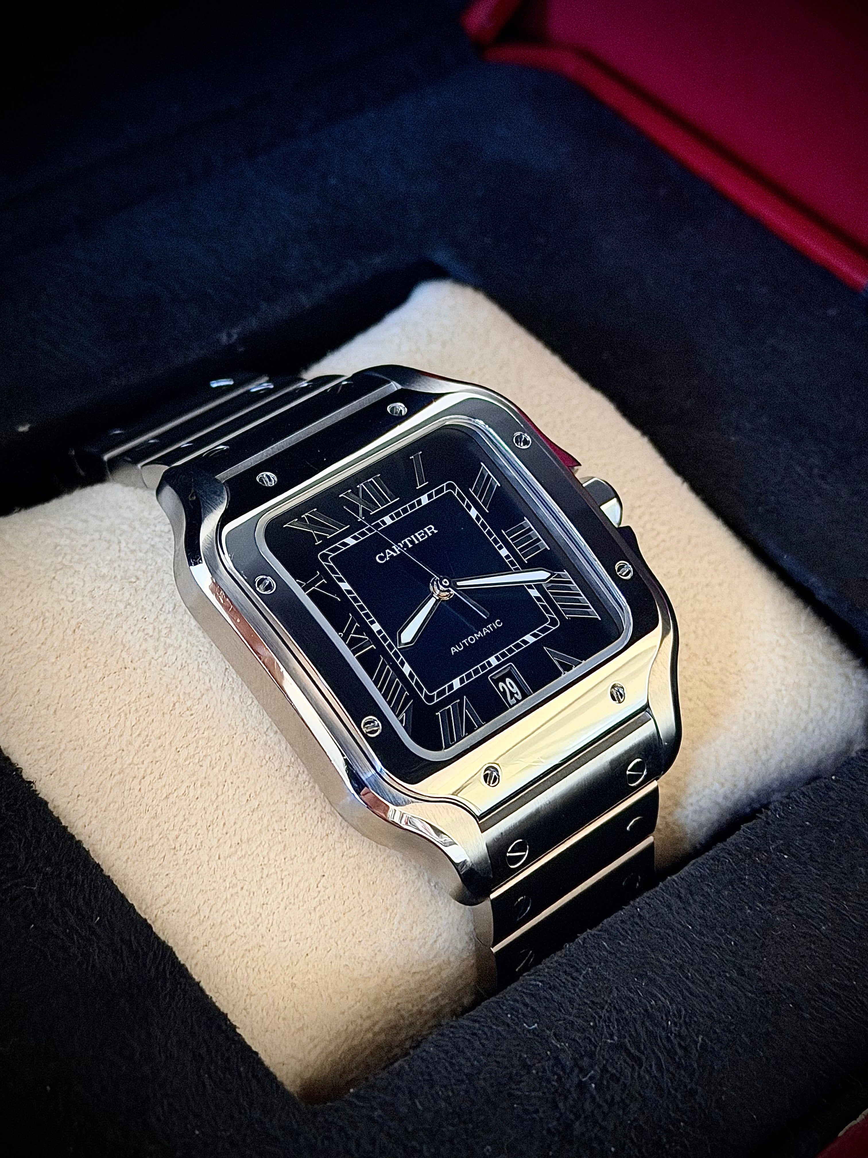 2024 CARTIER SANTOS DE CARTIER LARGE, BLUE DIAL, WSSA0030, BOX AND PAPERS, INC GST