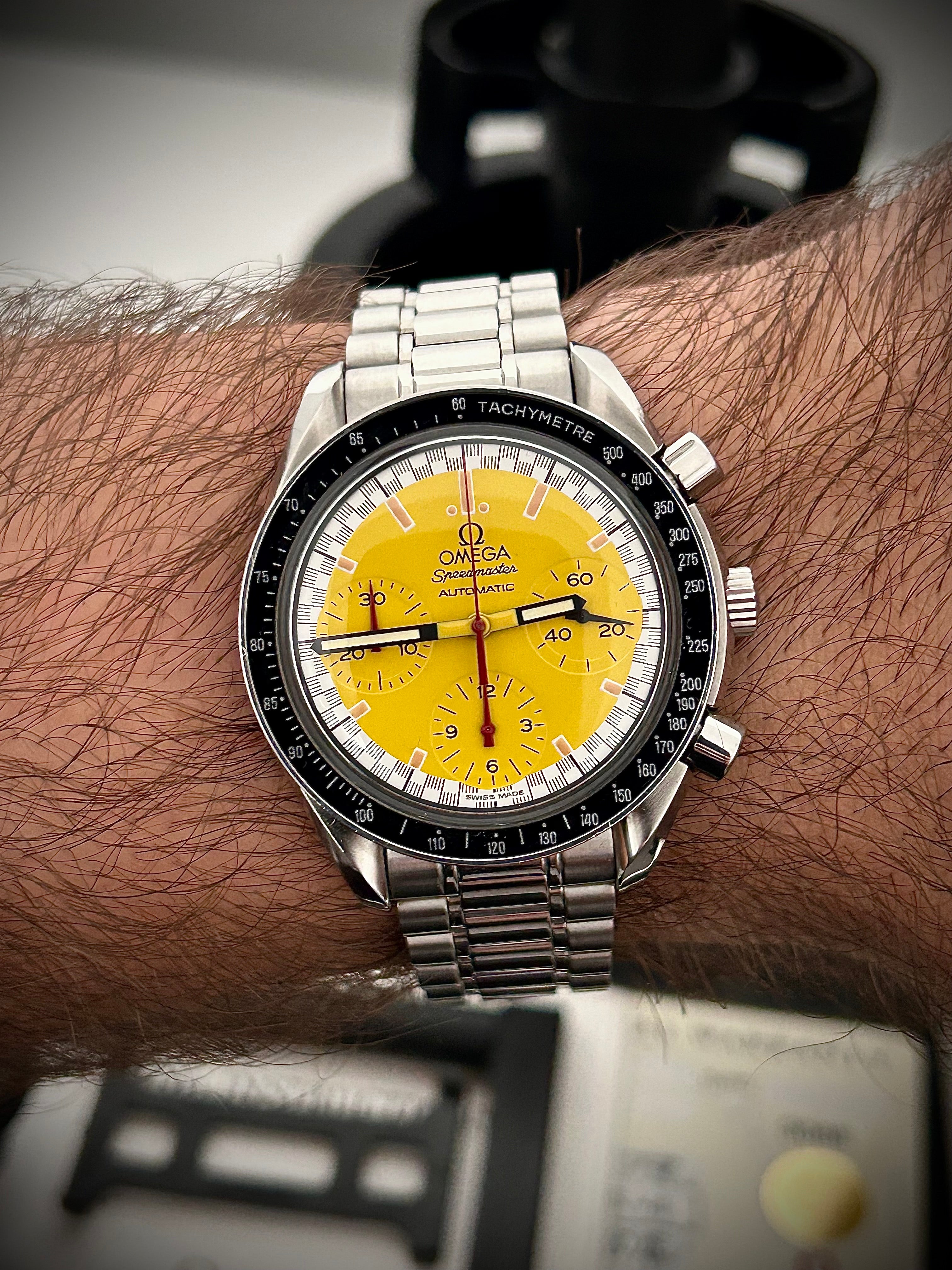 1998 OMEGA SPEEDMASTER REDUCED YELLOW SCHUMACHER, FULL SET, INC GST