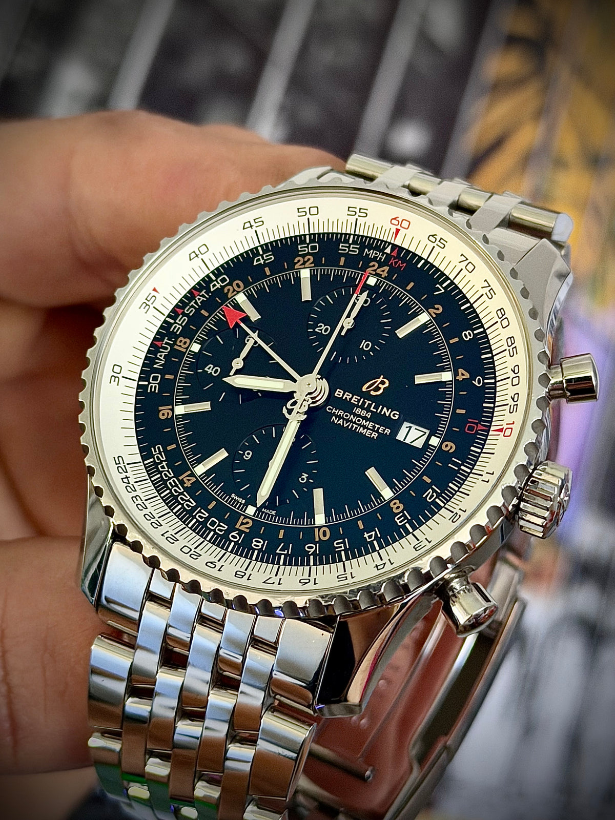 2020 BREITLING NAVITIMER WORLD, A24322, BLACK DIAL, STEEL BRACELET, BOX & PAPERS, INC GST