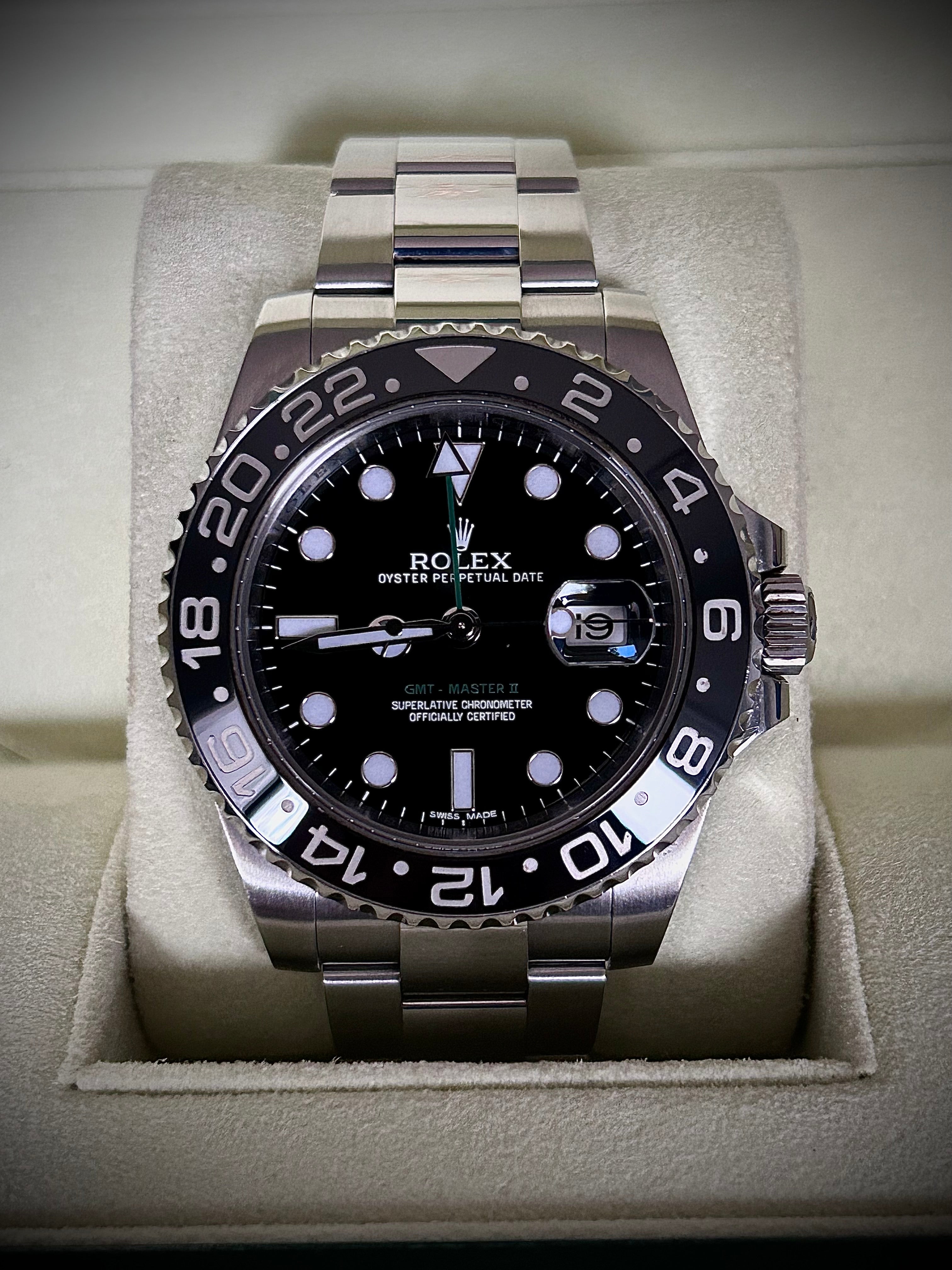 2012 ROLEX GMT MASTER II, RSC SERVICE, 116710LN, FULL SET, INC GST