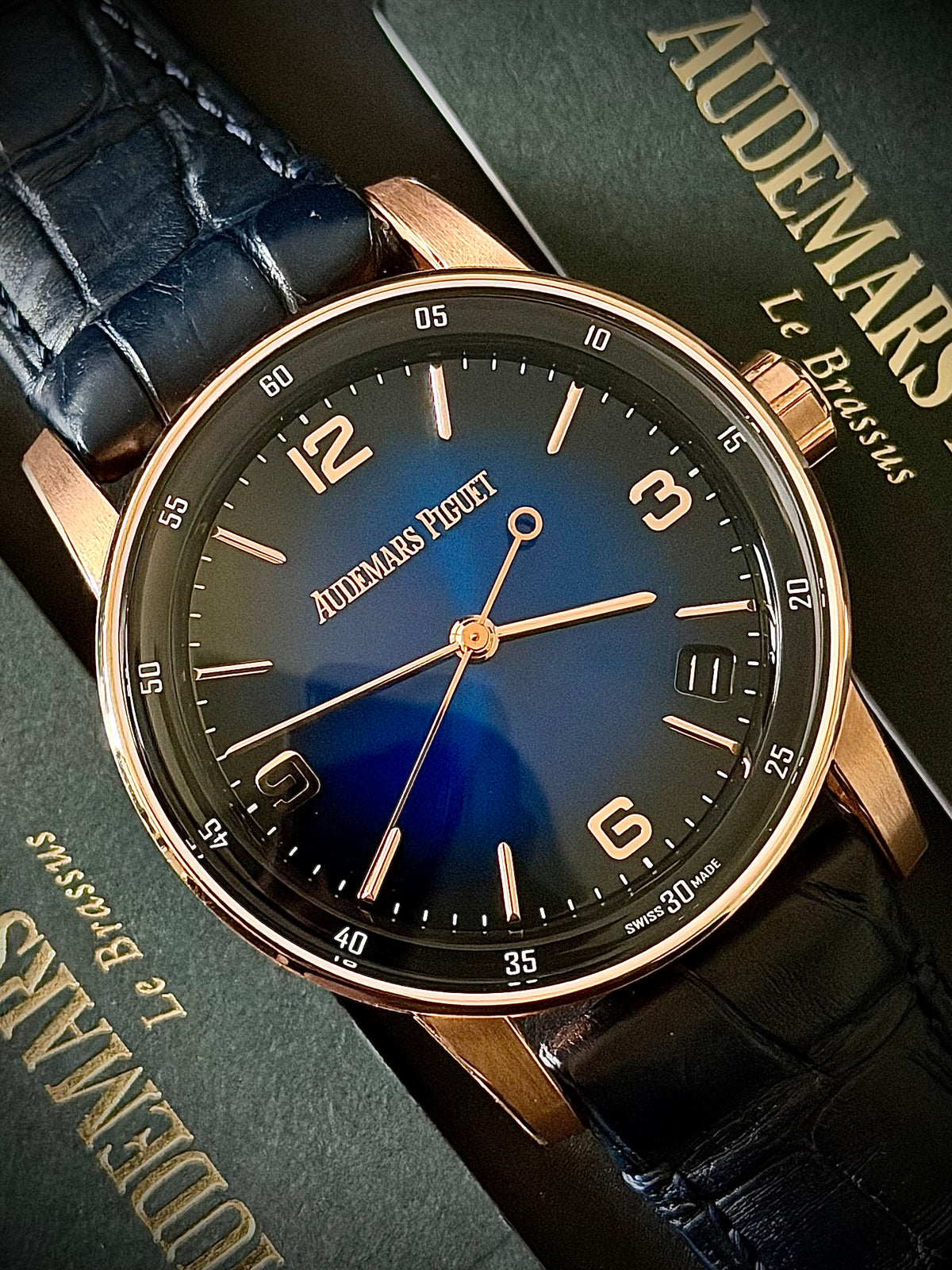2023 AUDEMARS PIGUET CODE 11.59 SELFWINDING, 15210OR.OO.A028CR.01, 18CT PINK GOLD, SMOKED BLUE DIAL, FULL SET, INC GST