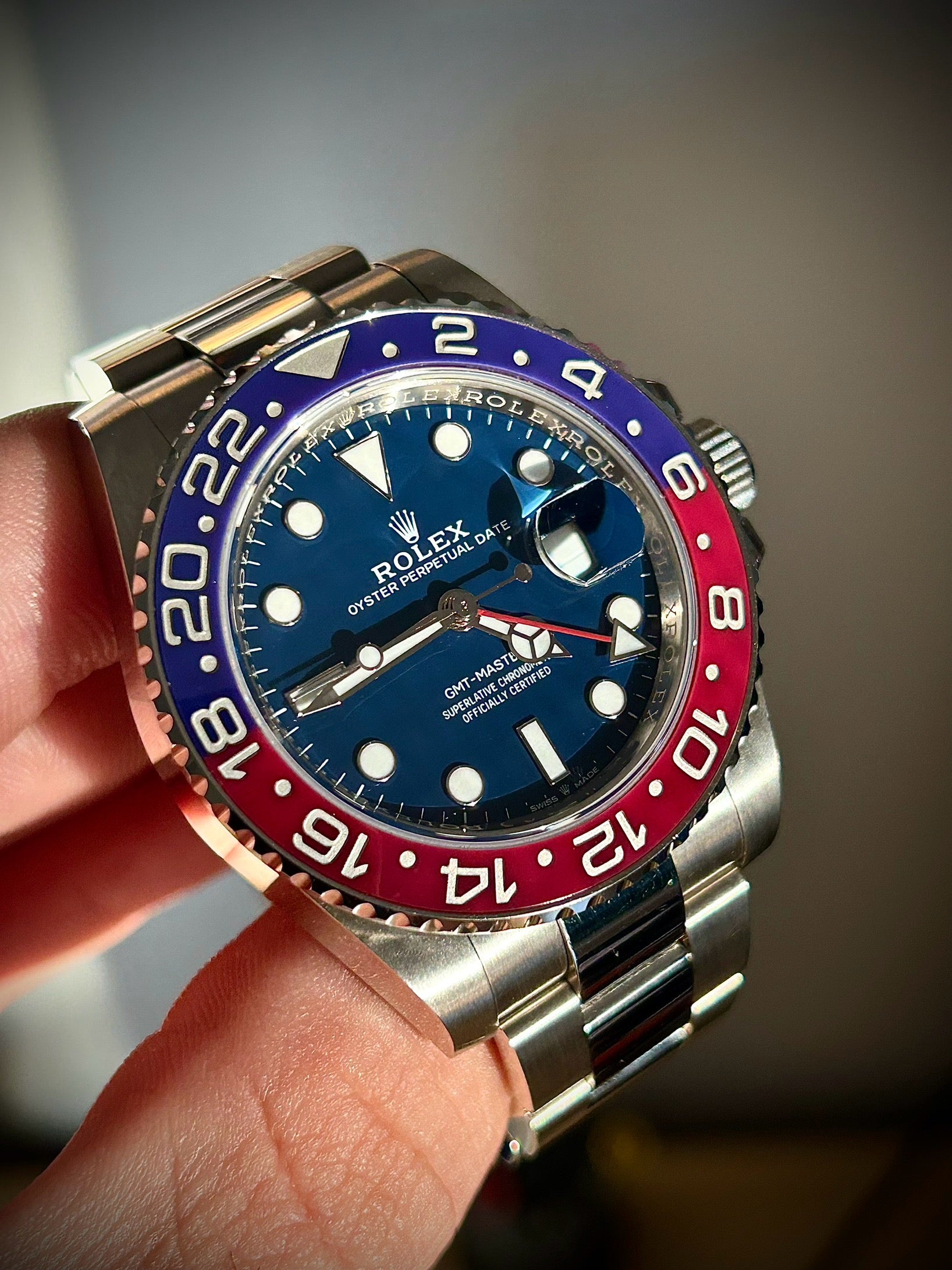 2019 ROLEX GMT MASTER II, PEPSI, WHITE GOLD, BLUE DIAL, 126719BLRO, FULL SET, INC GST