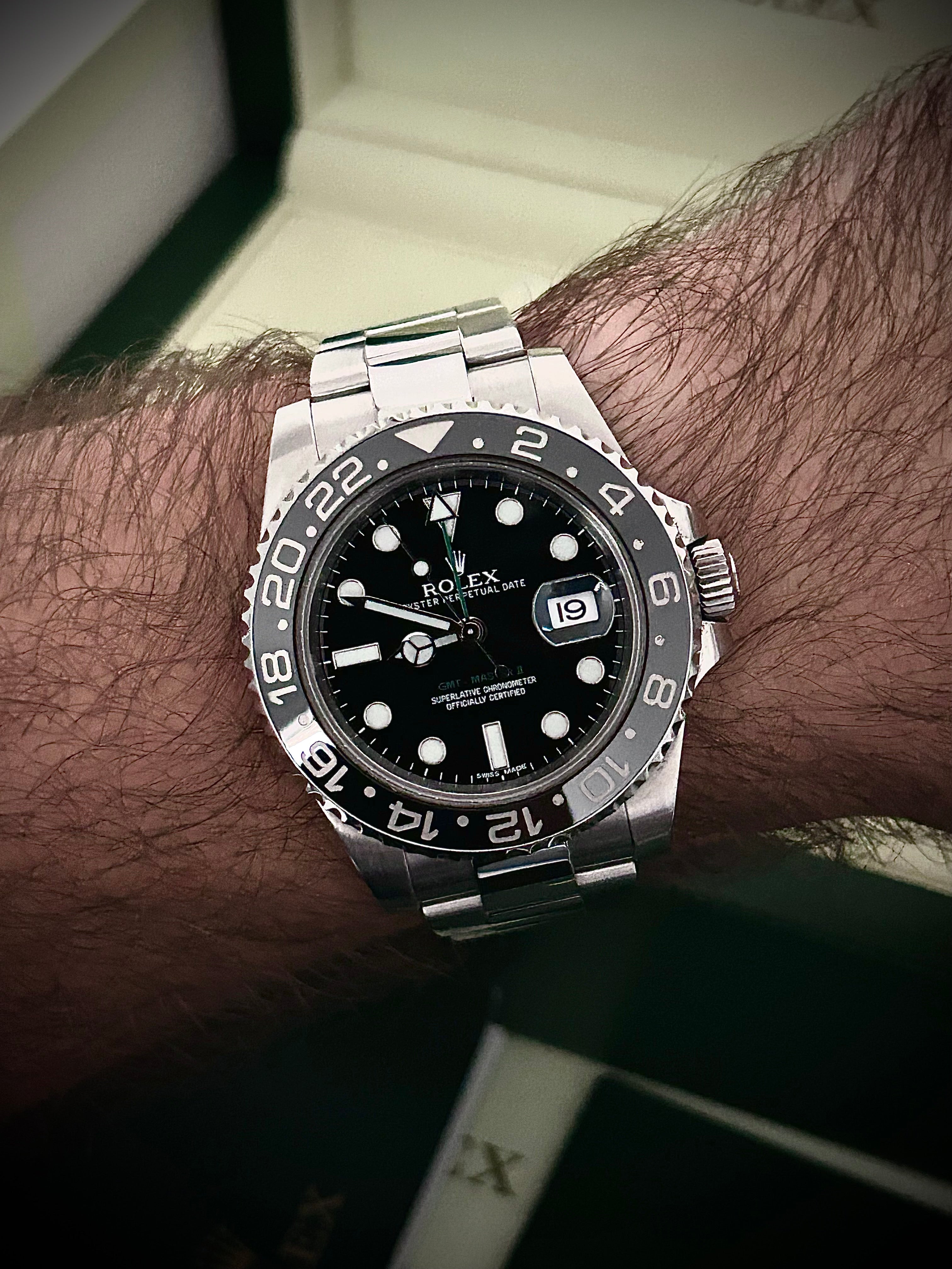 2012 ROLEX GMT MASTER II, RSC SERVICE, 116710LN, FULL SET, INC GST