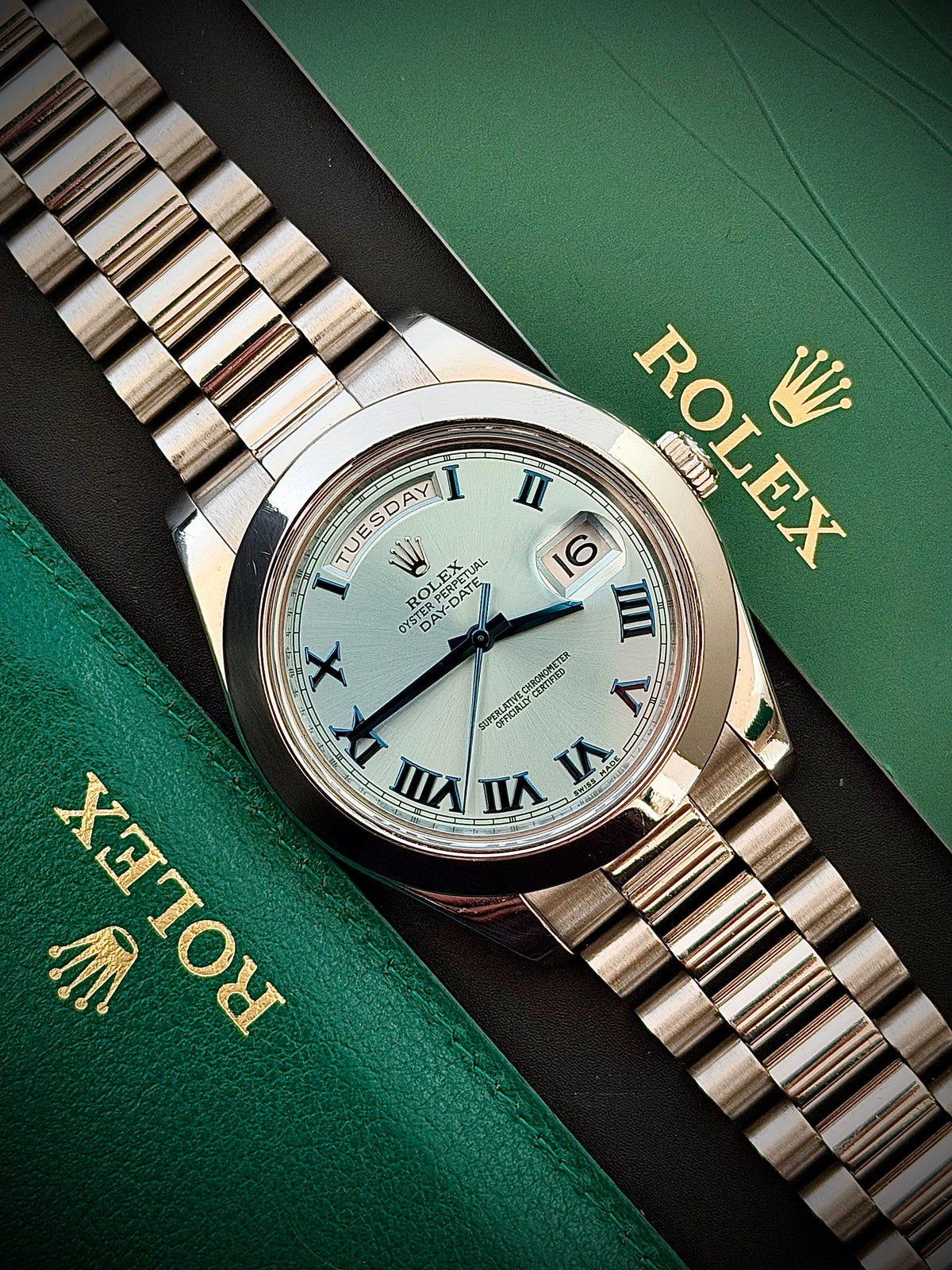 2014 ROLEX DAY-DATE II, 218206, PLATINUM, BLUE ROMAN DIAL, BOX & PAPERS, EXCELLENT CONDITION, INC GST