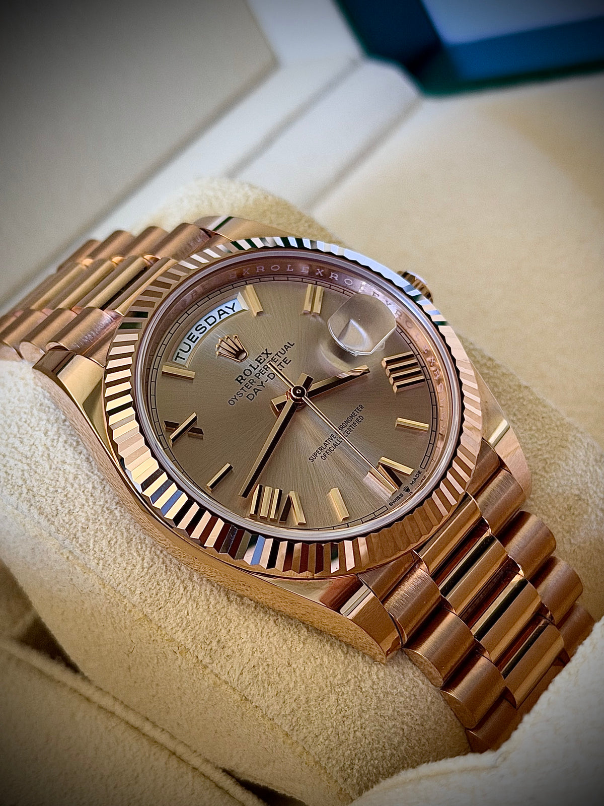 2024 ROLEX DAY-DATE 40, 228235, SUNDUST DIAL, 18CT EVEROSE GOLD, FULL SET, INC GST