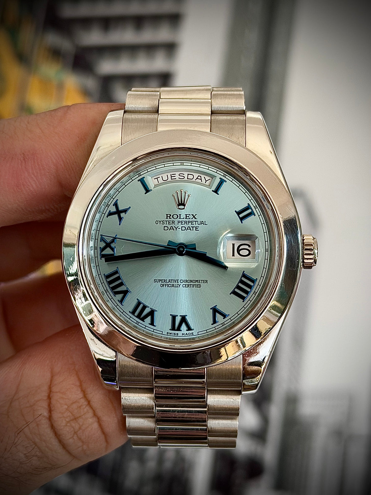 2014 ROLEX DAY-DATE II, 218206, PLATINUM, BLUE ROMAN DIAL, BOX & PAPERS, EXCELLENT CONDITION, INC GST