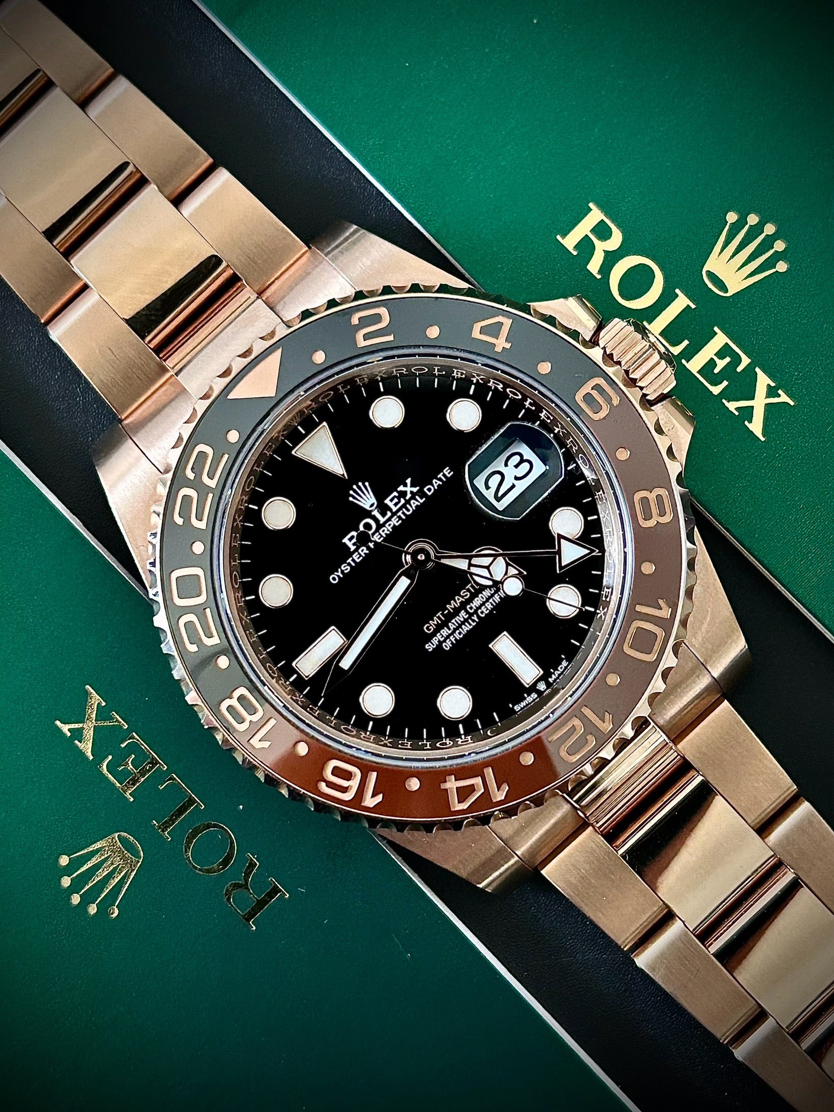 2023 ROLEX GMT MASTER II, ROOTBEER, 126715CHNR, FULL SET, INC GST