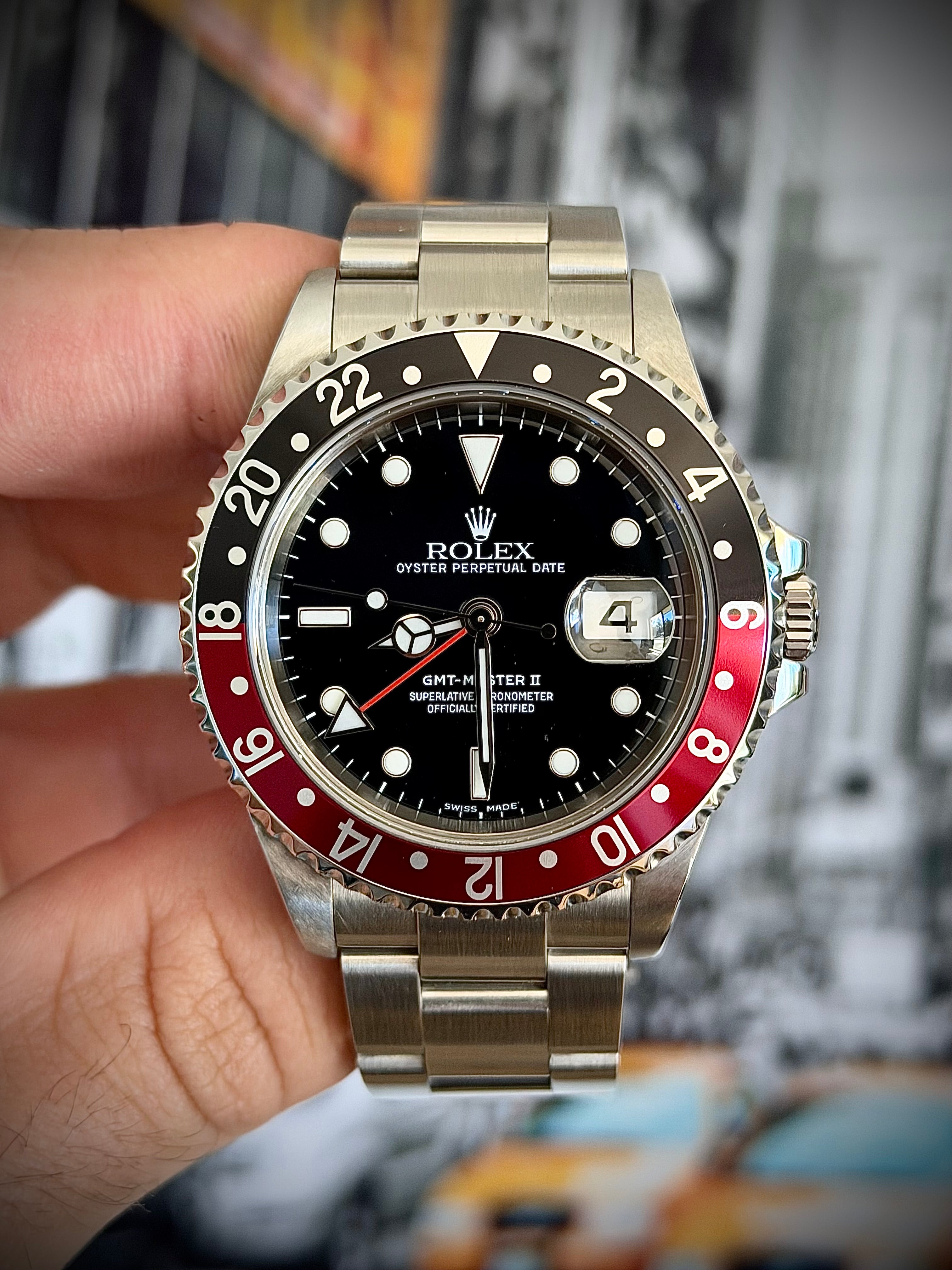 2005 ROLEX GMT-MASTER II “COKE”, NO HOLES, SEL, 16710, FULL SET, INC GST