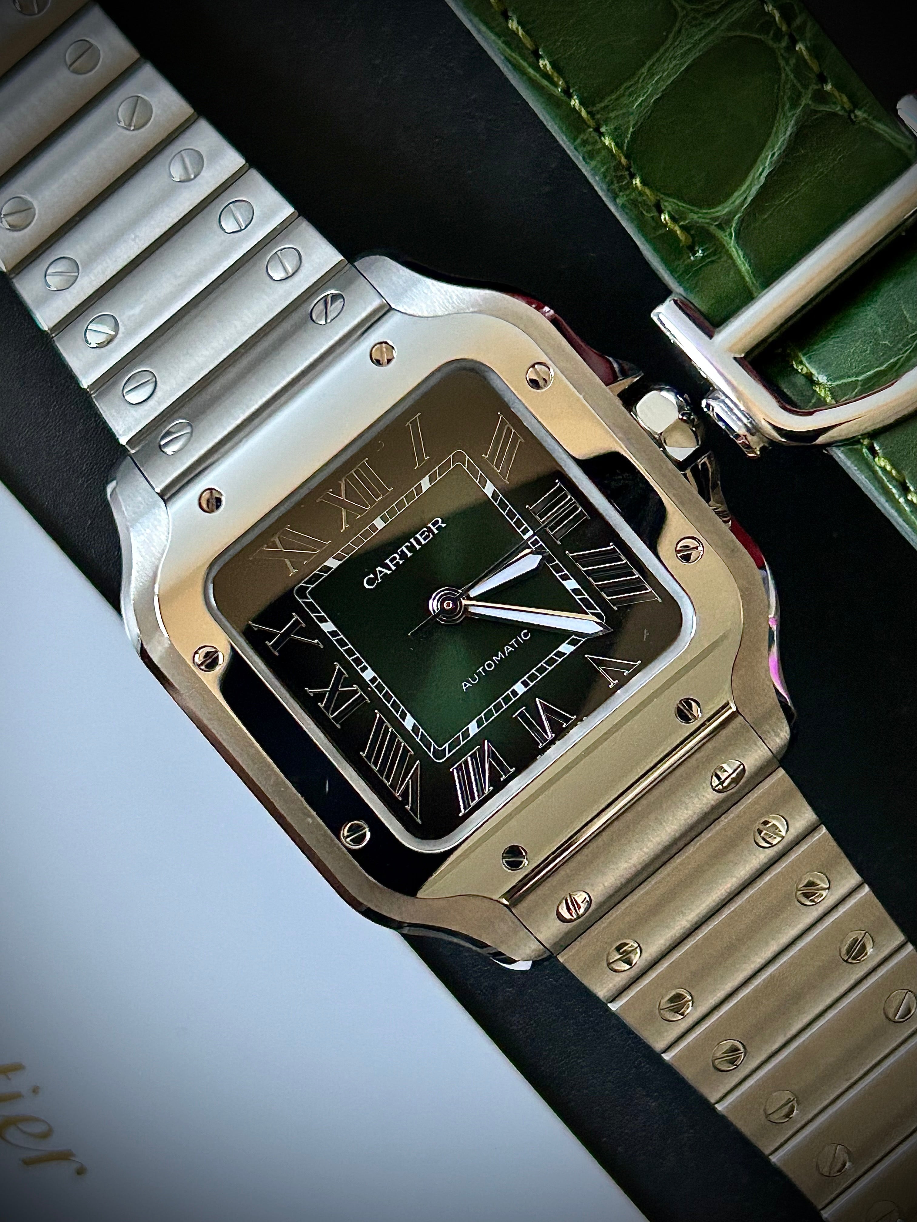 2024 CARTIER SANTOS DE CARTIER GREEN MEDIUM, BOX AND PAPERS, INC GST