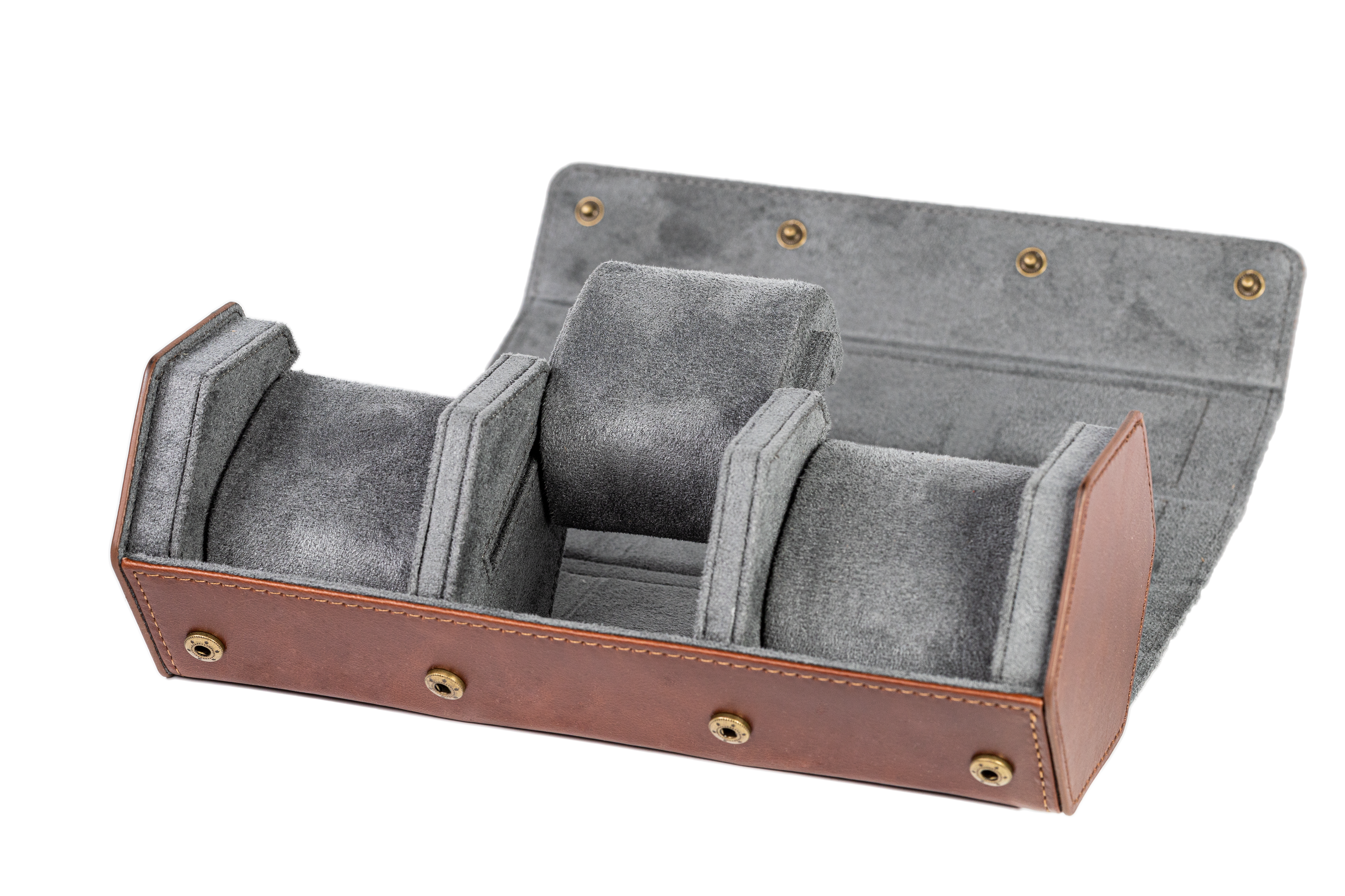 Jefferson - 3 Watch Roll - Full Grain Leather Dark Brown | Grey Velvet