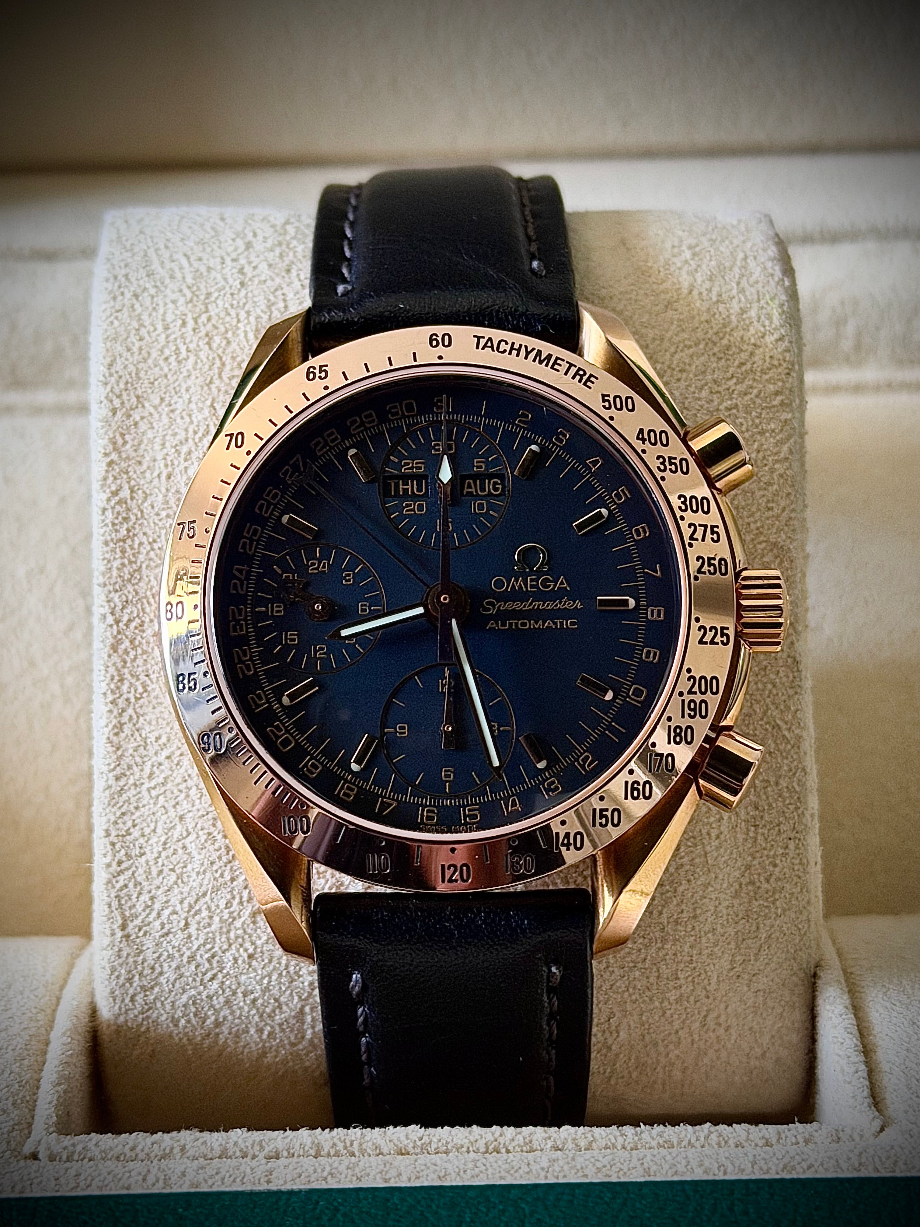 1999 OMEGA SPEEDMASTER DAY-DATE, 3623.50.01, 18CT ROSE GOLD, FULL SET, INC GST