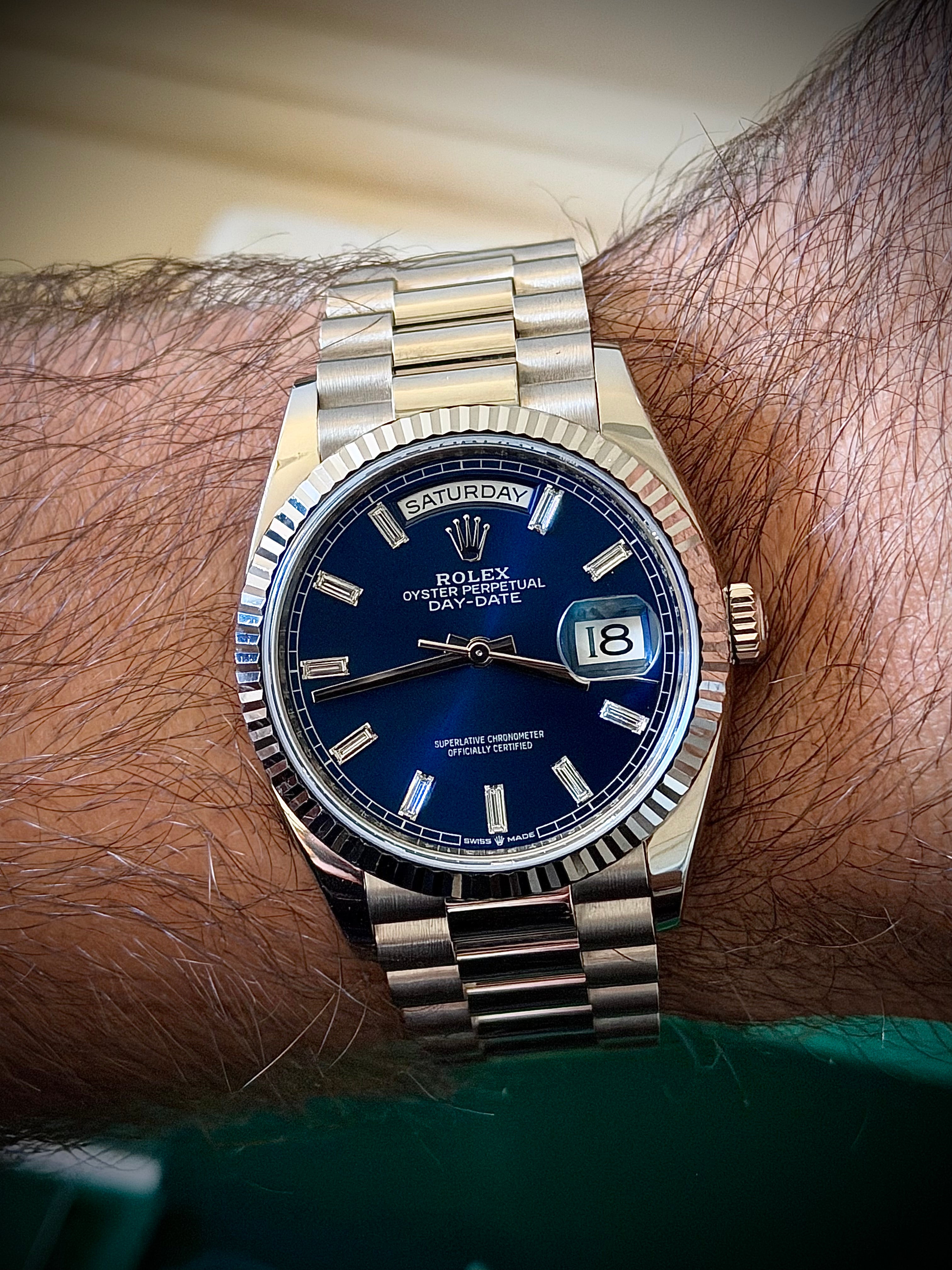 2024 ROLEX DAY-DATE 36, 128239, BLUE BAGUETTE DIAMOND DIAL, FULL SET, INC GST