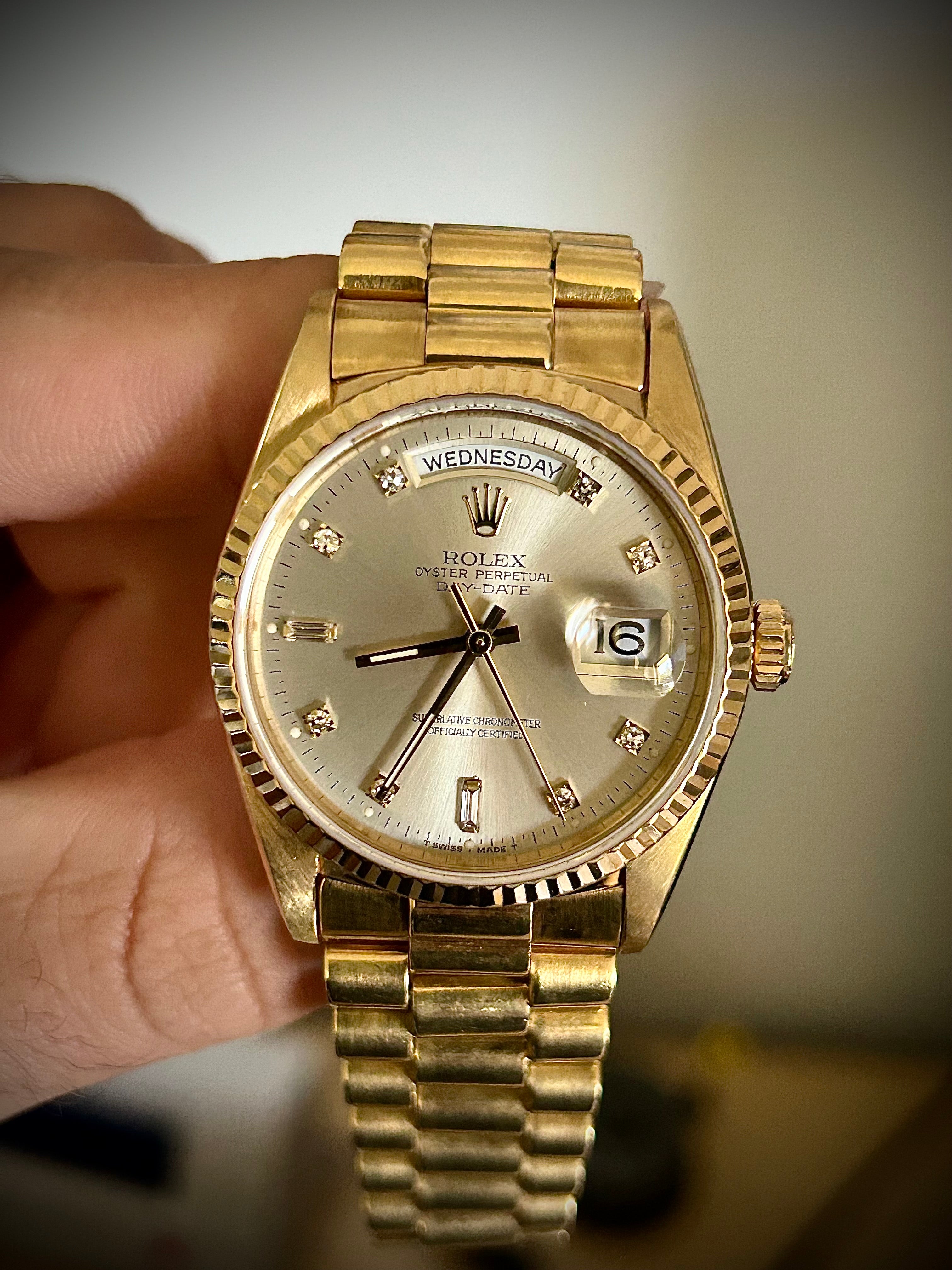 1990 ROLEX DAY-DATE, 18238, 2X RSC AND DIAMOND BEZEL, INC GST