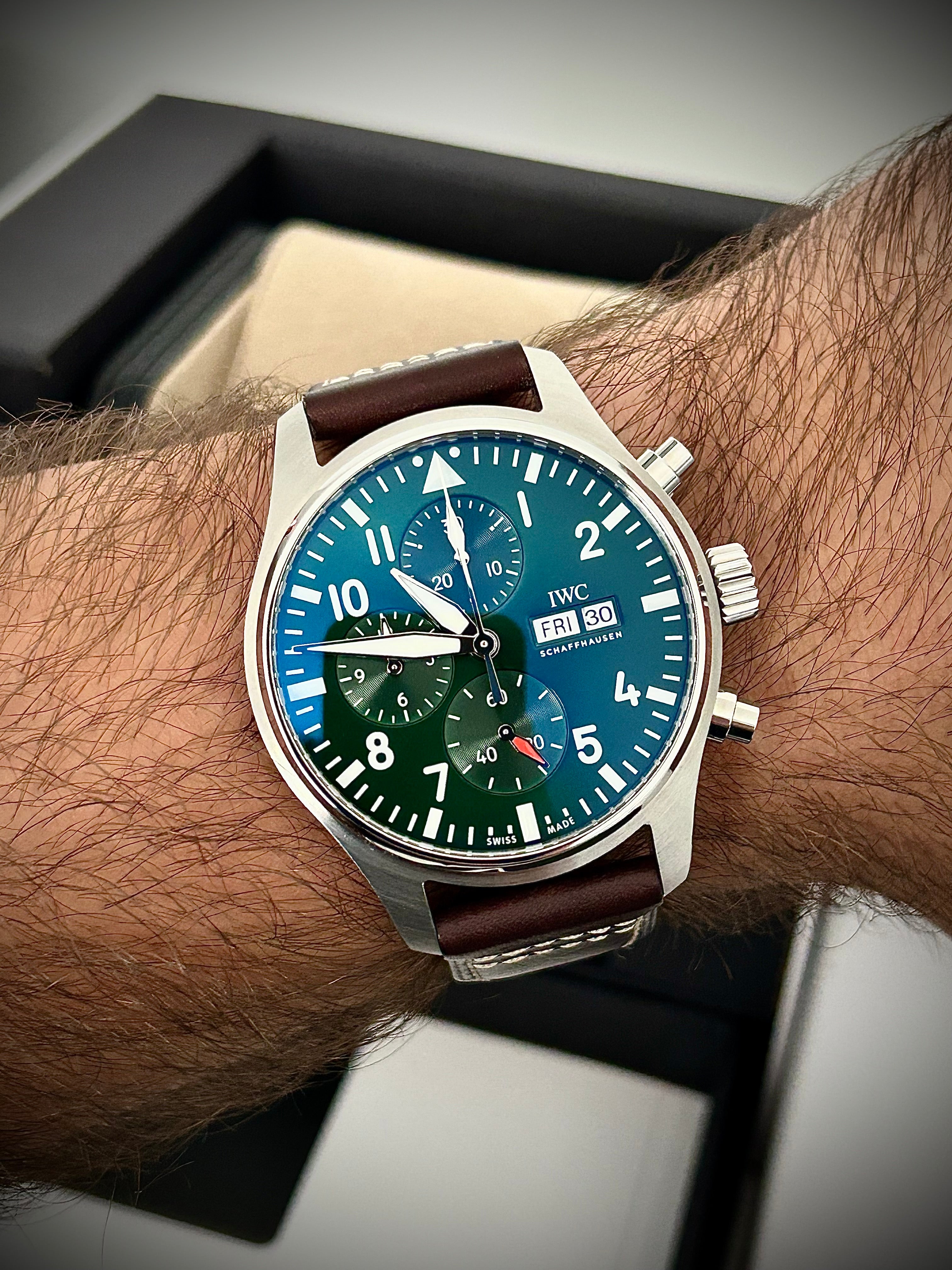 2023 IWC PILOTS WATCH CHRONOGRAPH, GREEN DIAL, IW388103, FULL SET, INC GST