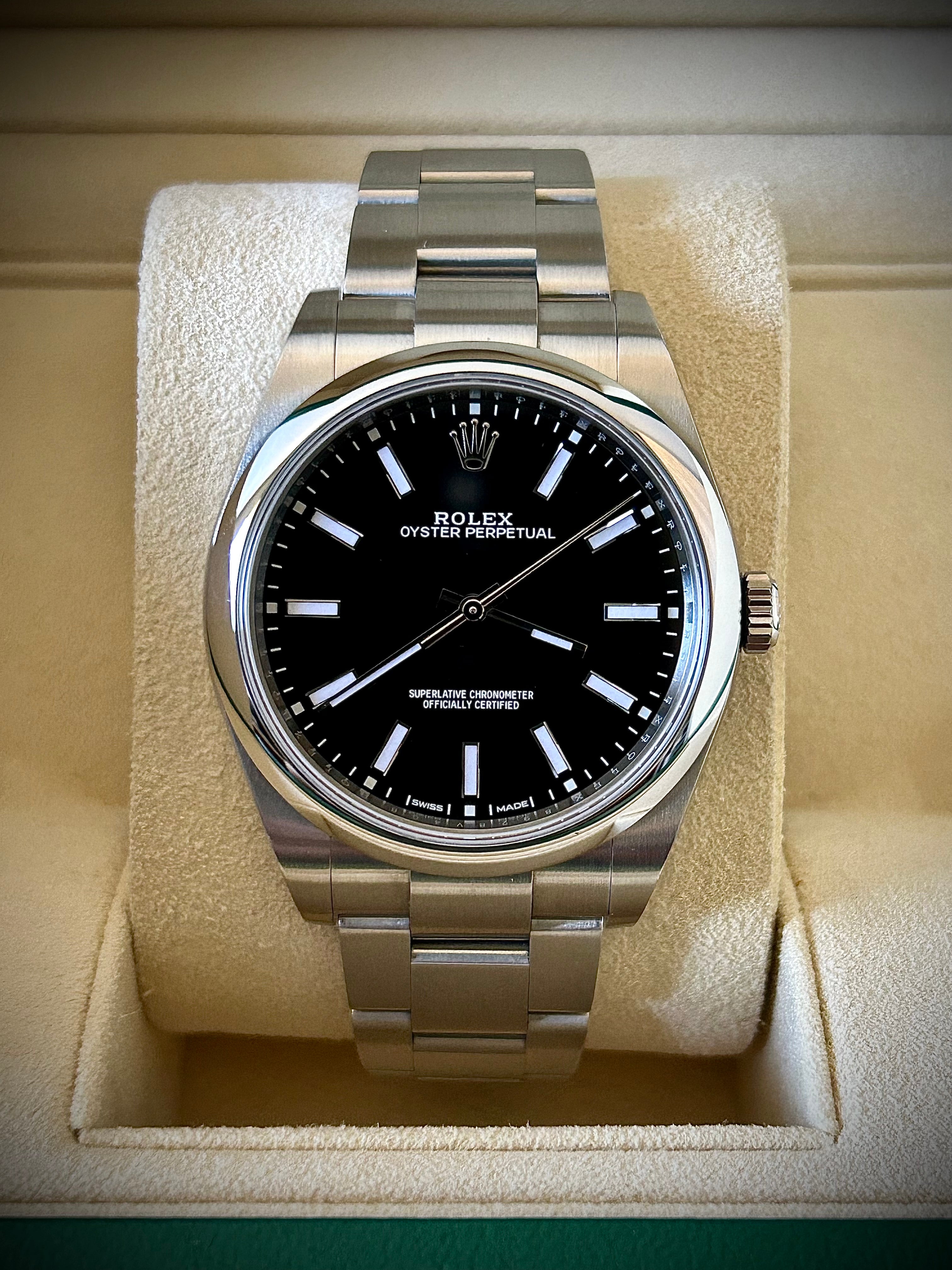 2019 ROLEX OYSTER PERPETUAL 39 BLACK DIAL, 114300, FULL SET, INC GST