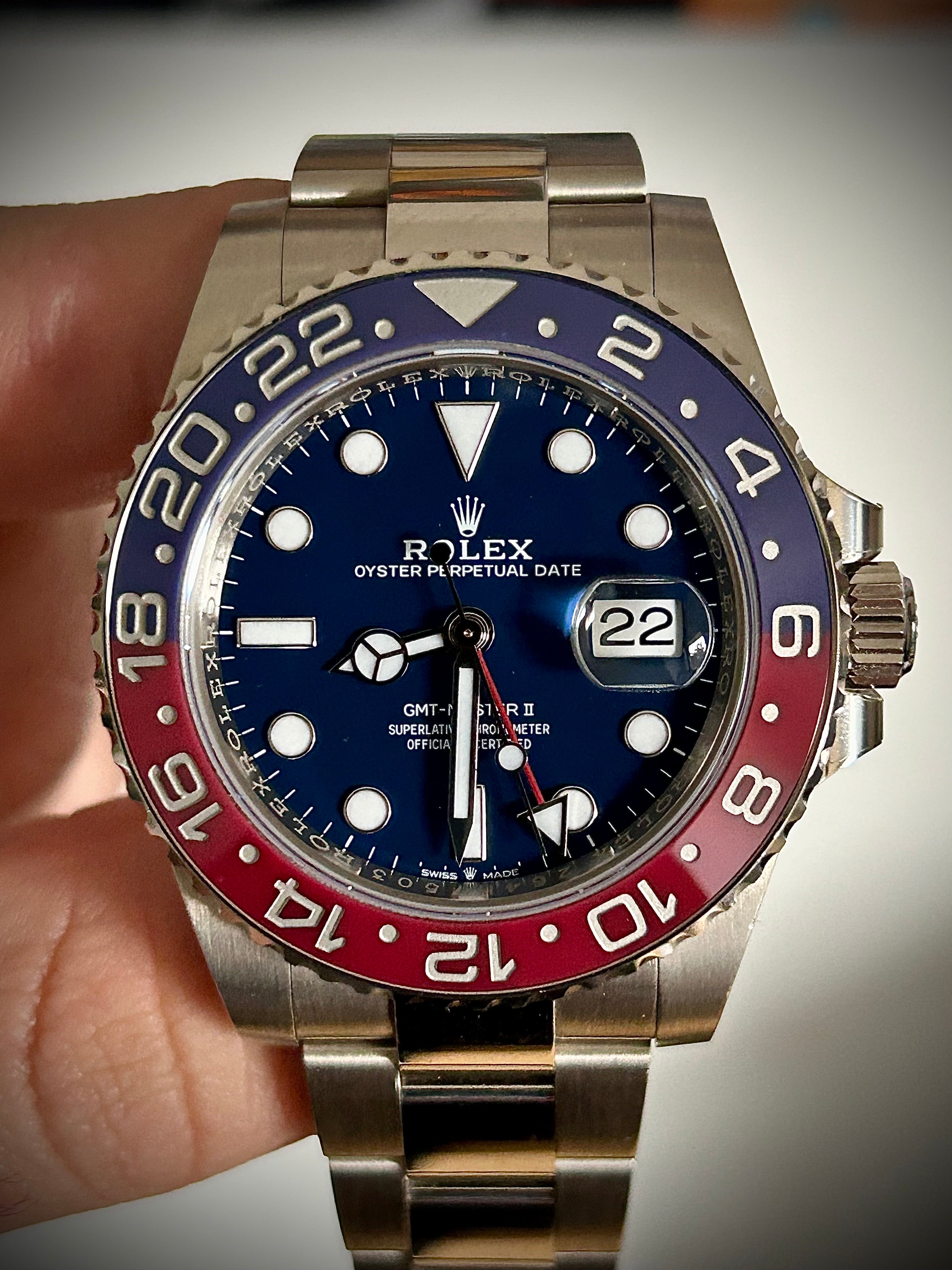 2019 ROLEX GMT MASTER II, PEPSI, WHITE GOLD, BLUE DIAL, 126719BLRO, FULL SET, INC GST