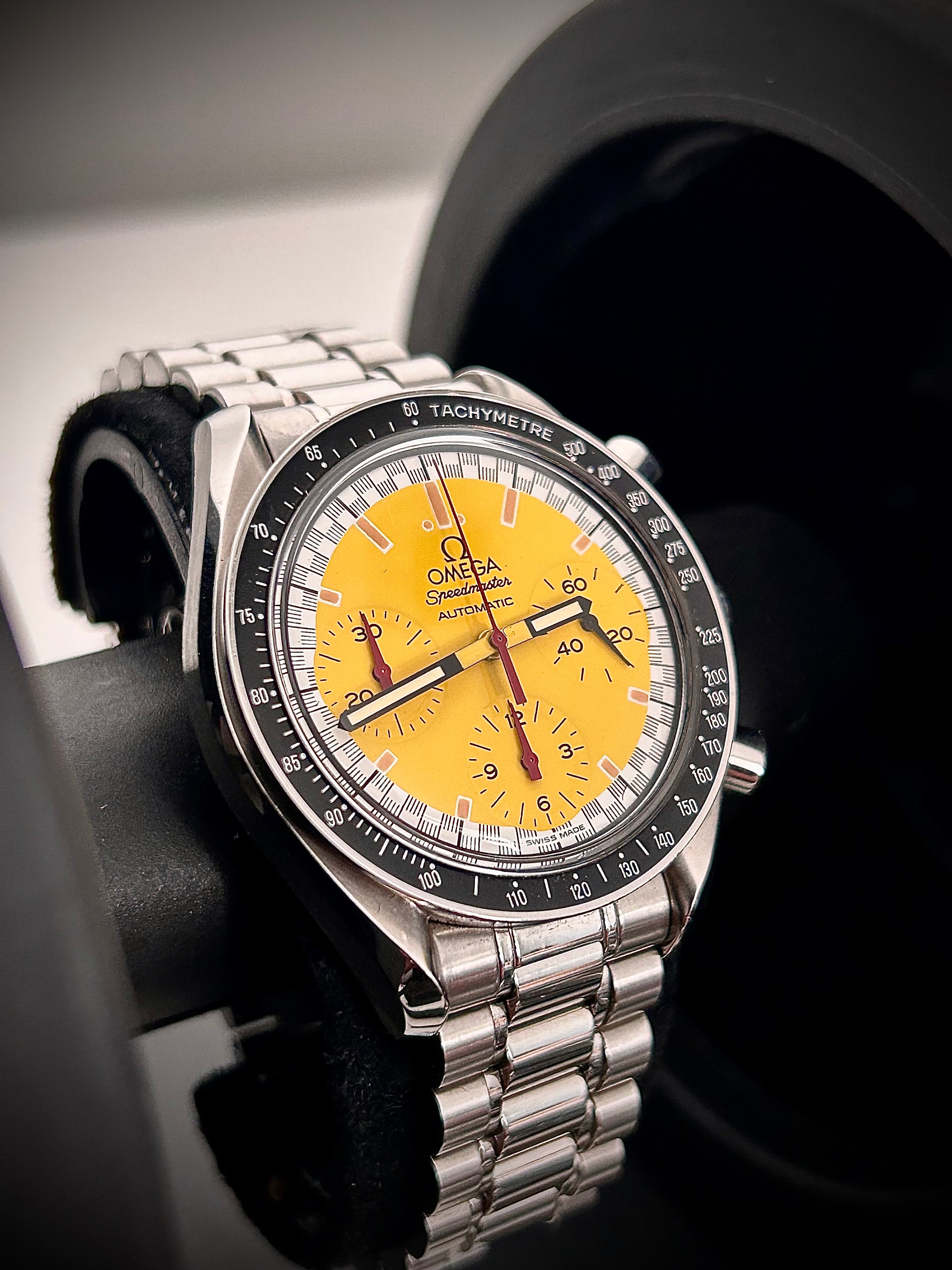 1998 OMEGA SPEEDMASTER REDUCED YELLOW SCHUMACHER, FULL SET, INC GST