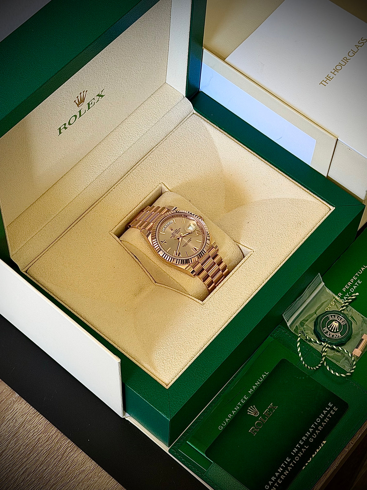 2024 ROLEX DAY-DATE 40, 228235, SUNDUST DIAL, 18CT EVEROSE GOLD, FULL SET, INC GST