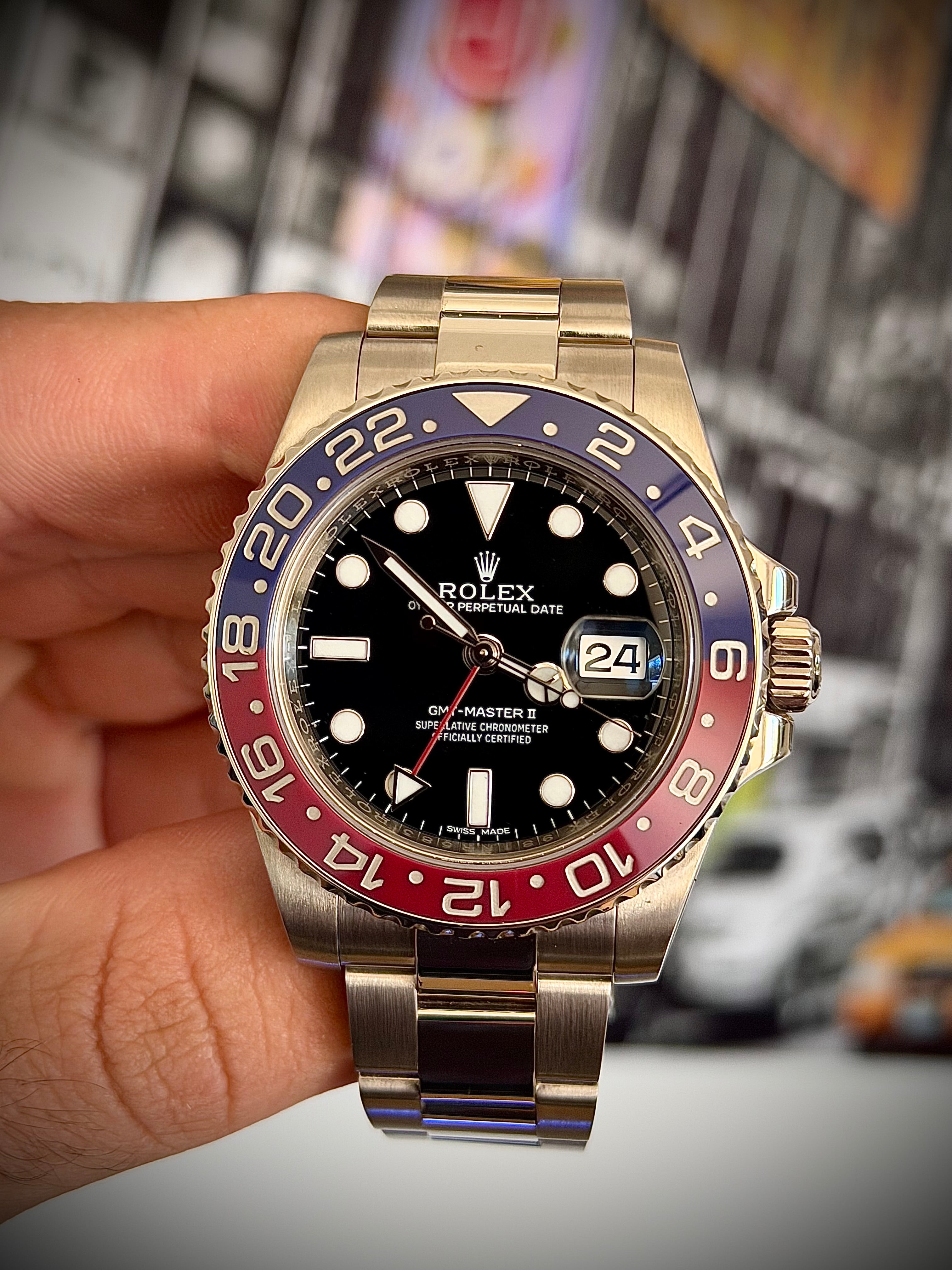 2017 ROLEX GMT MASTER II, PEPSI, WHITE GOLD, BLACK DIAL, 116719BLRO, FULL SET, INC GST
