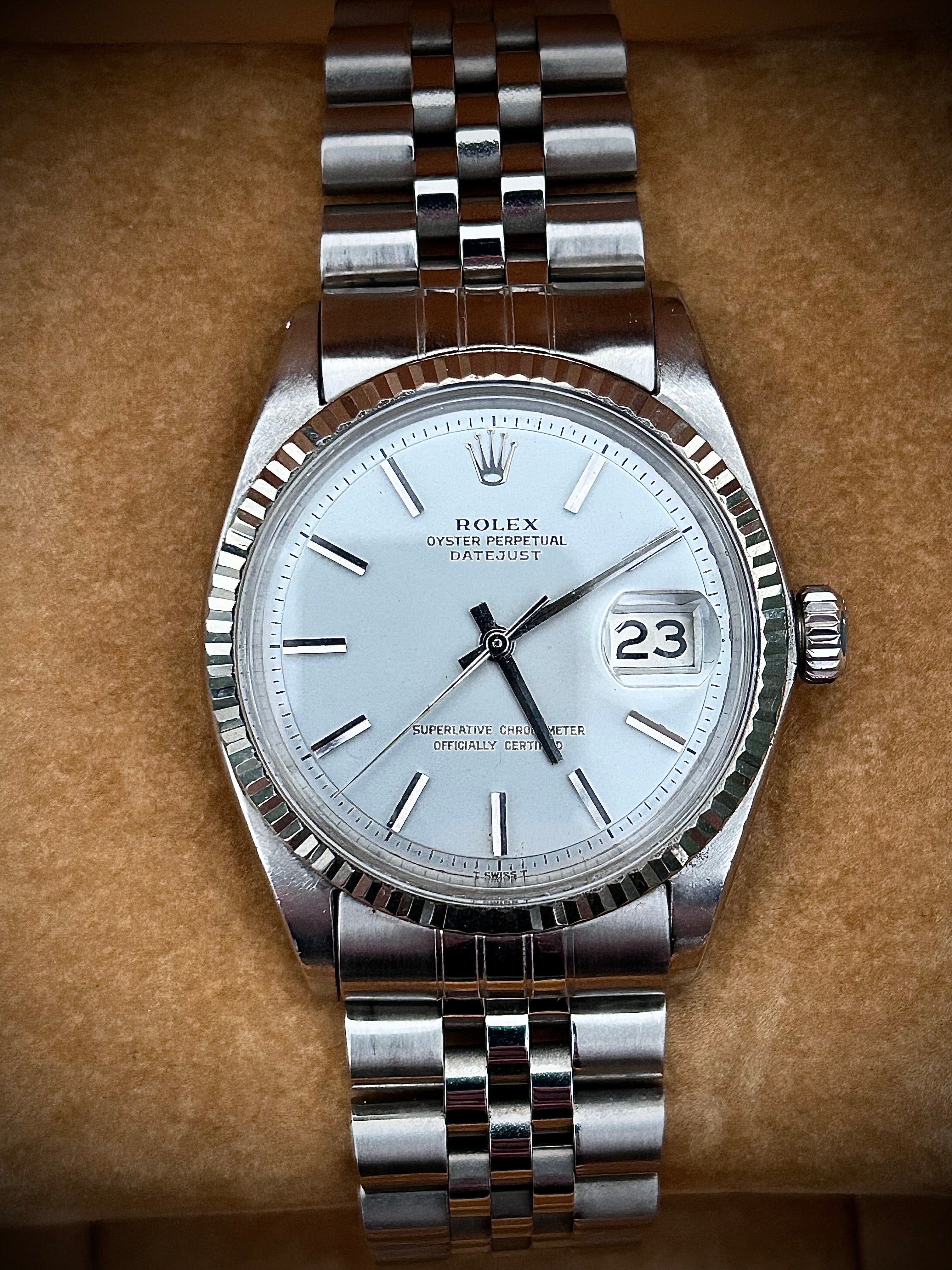 1970s ROLEX DATEJUST 36 “No Lume Pie Pan”, 1601, WATCH AND BOX