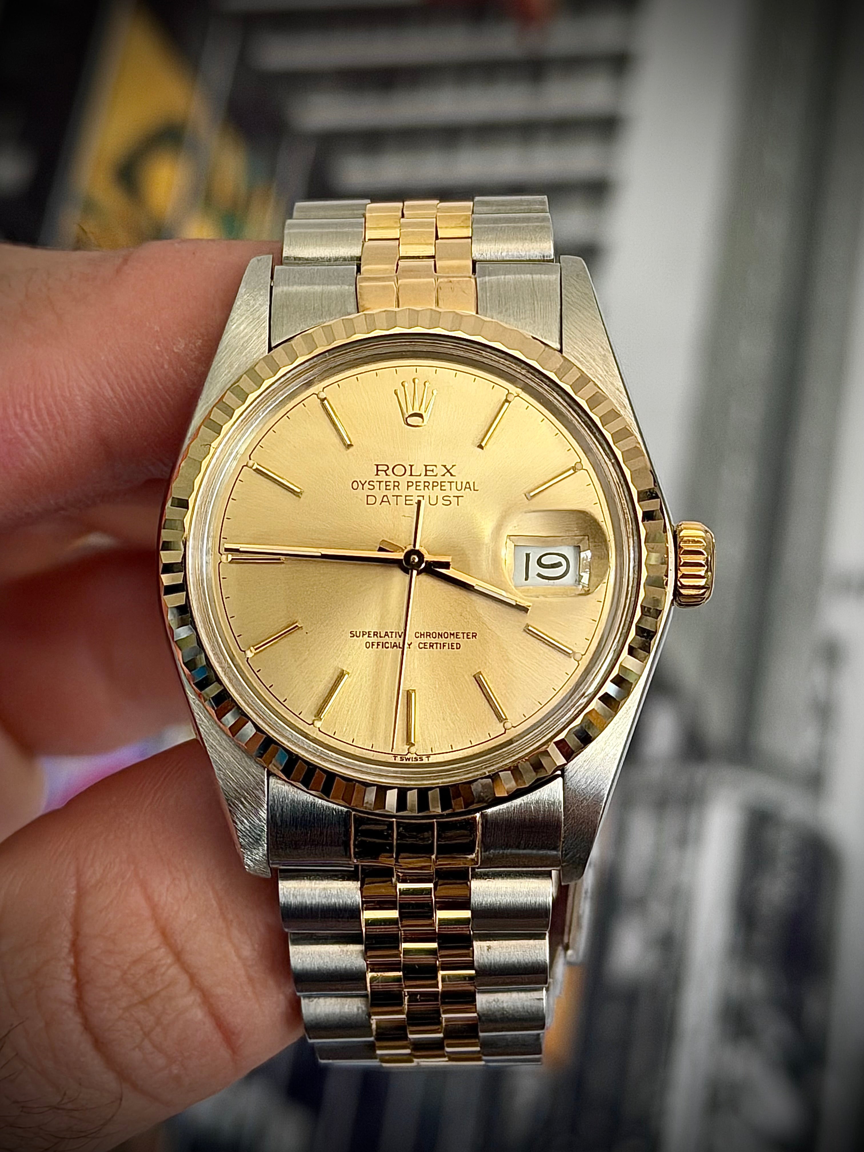 1987 ROLEX DATEJUST 36, 16013, CHAMPAGNE DIAL, FLUTED BEZEL, JUBILEE BRACELET, WATCH ONLY, INC GST