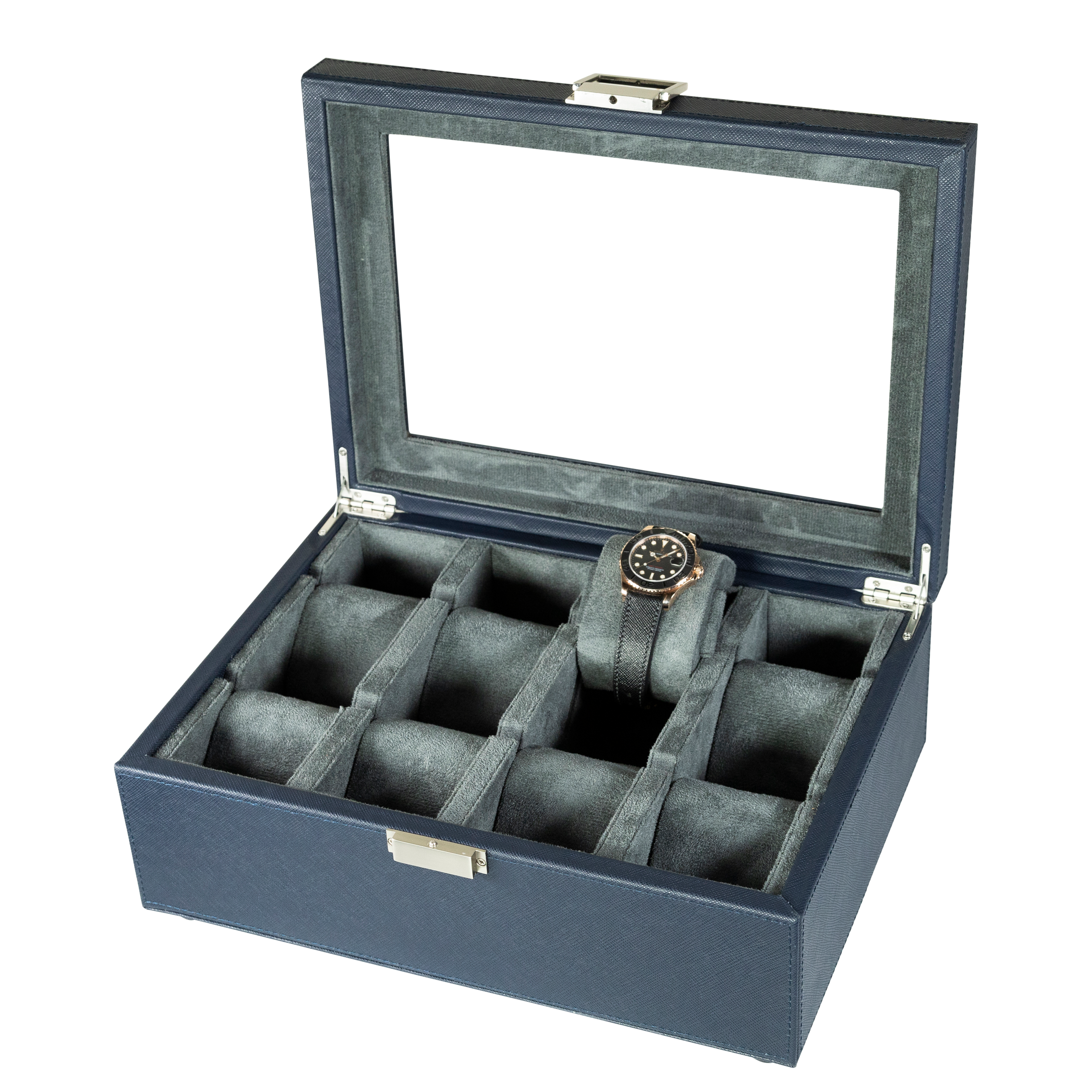 Jefferson - 8 Watch Box - Saffiano Blue | Grey Velvet