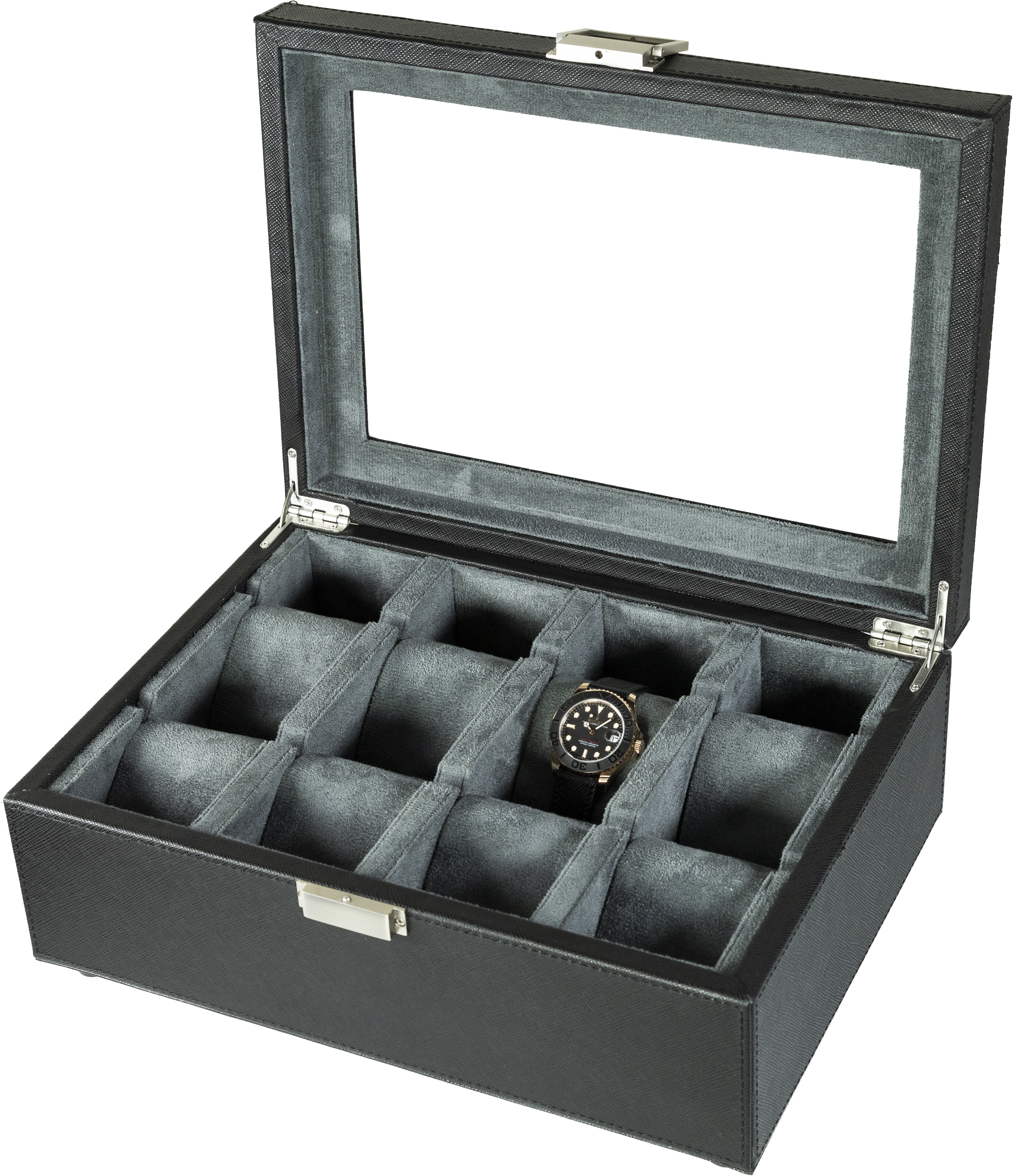 Jefferson - 8 Watch Box - Saffiano Black | Grey Velvet